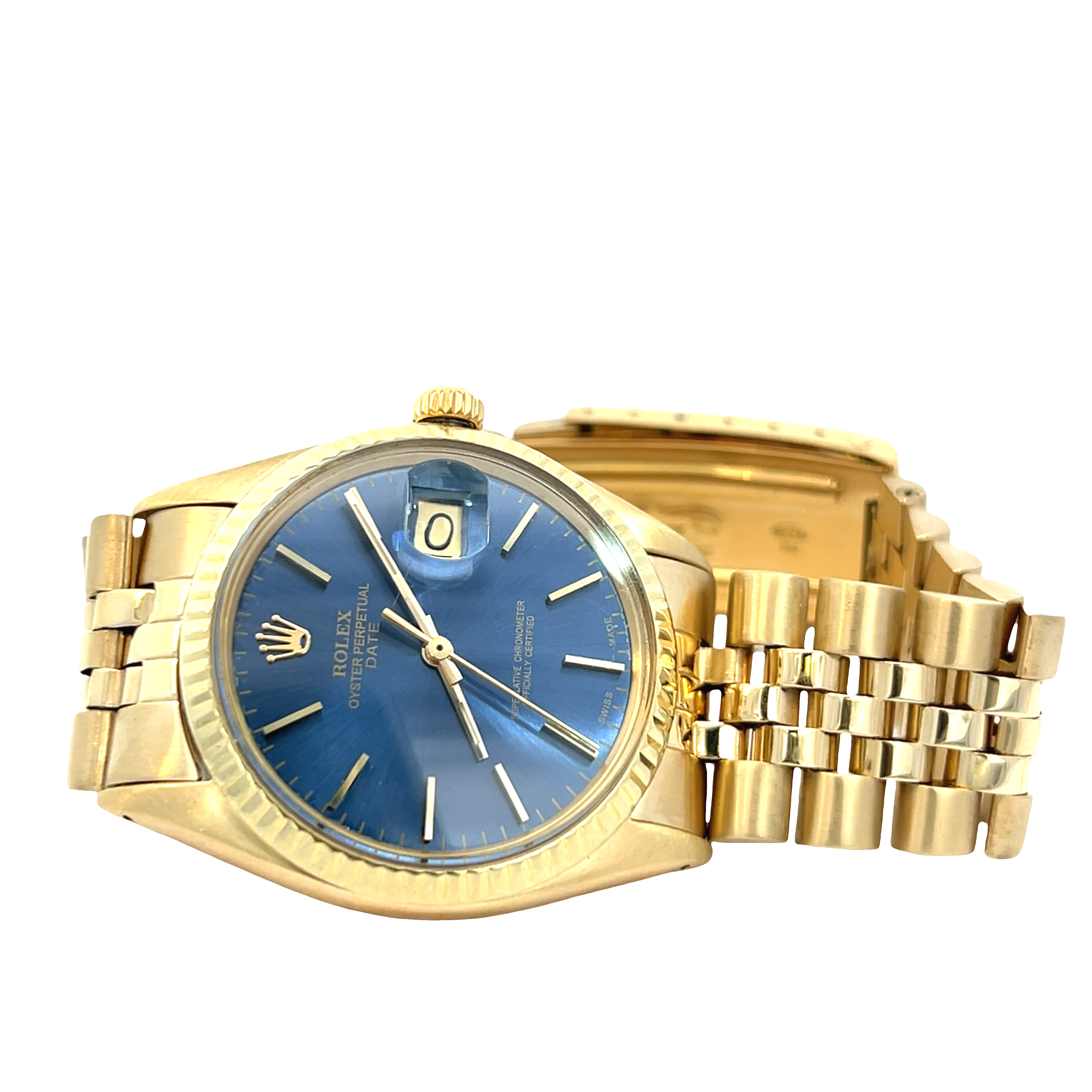 Vintage Rolex Oyster Perpetual Date Gold Blue Dial – Golden Anvil