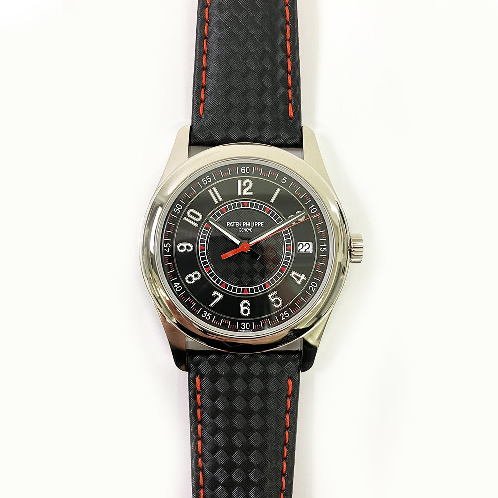 Calatrava 40mm "Carbon" Motif Dial Black Calfskin Strap White Gold 6007G-010