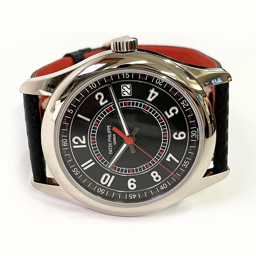 Calatrava 40mm "Carbon" Motif Dial Black Calfskin Strap White Gold 6007G-010