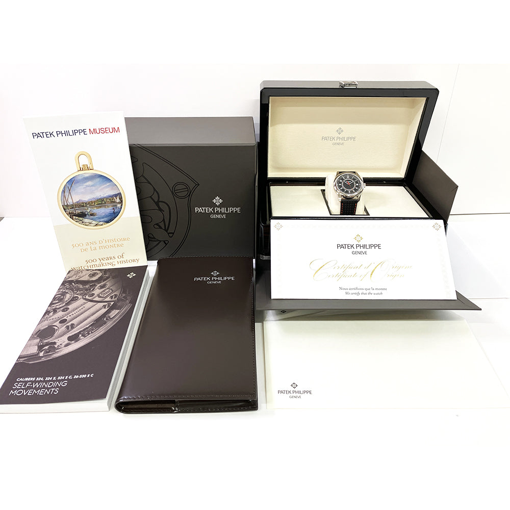 Calatrava 40mm "Carbon" Motif Dial Black Calfskin Strap White Gold 6007G-010