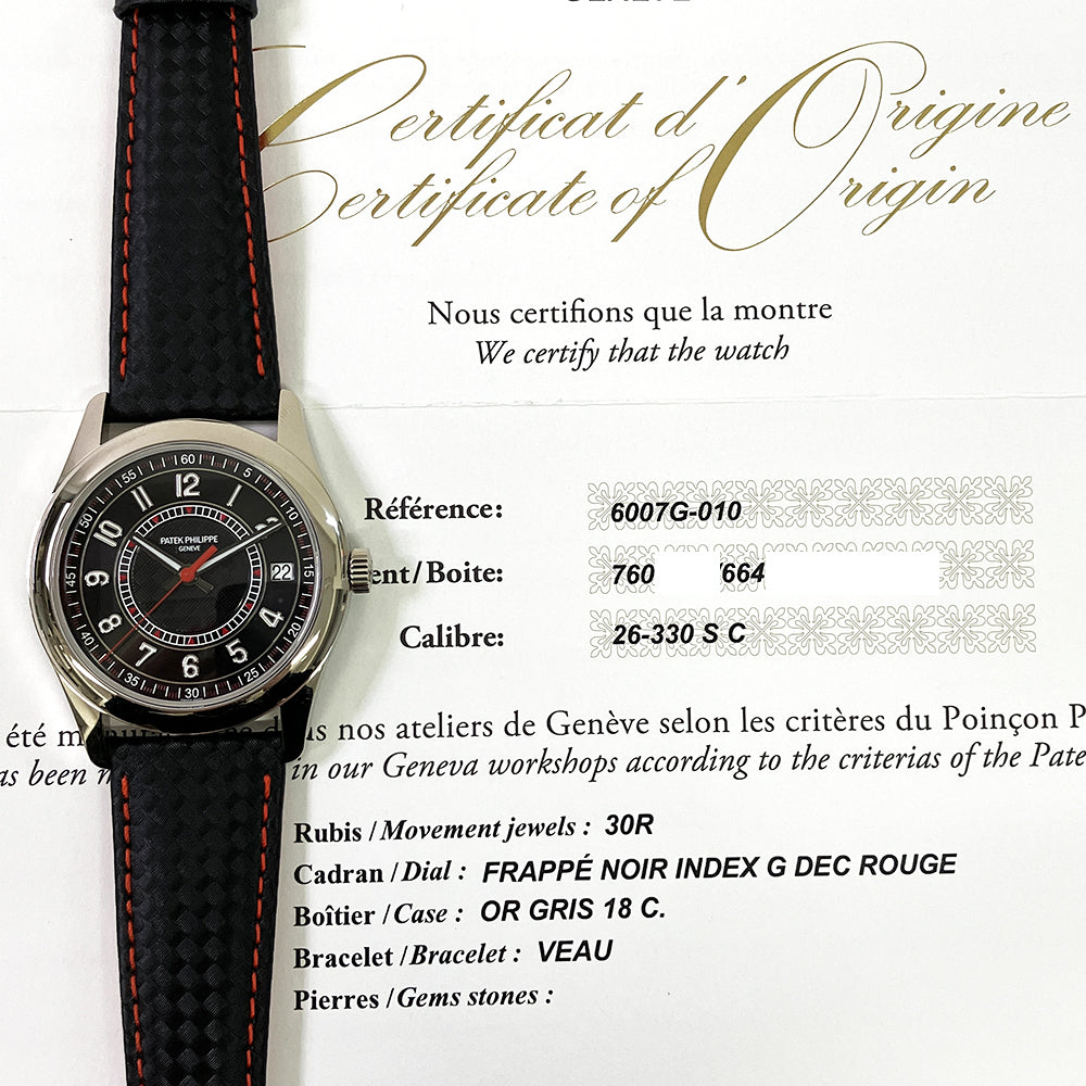 Calatrava 40mm "Carbon" Motif Dial Black Calfskin Strap White Gold 6007G-010