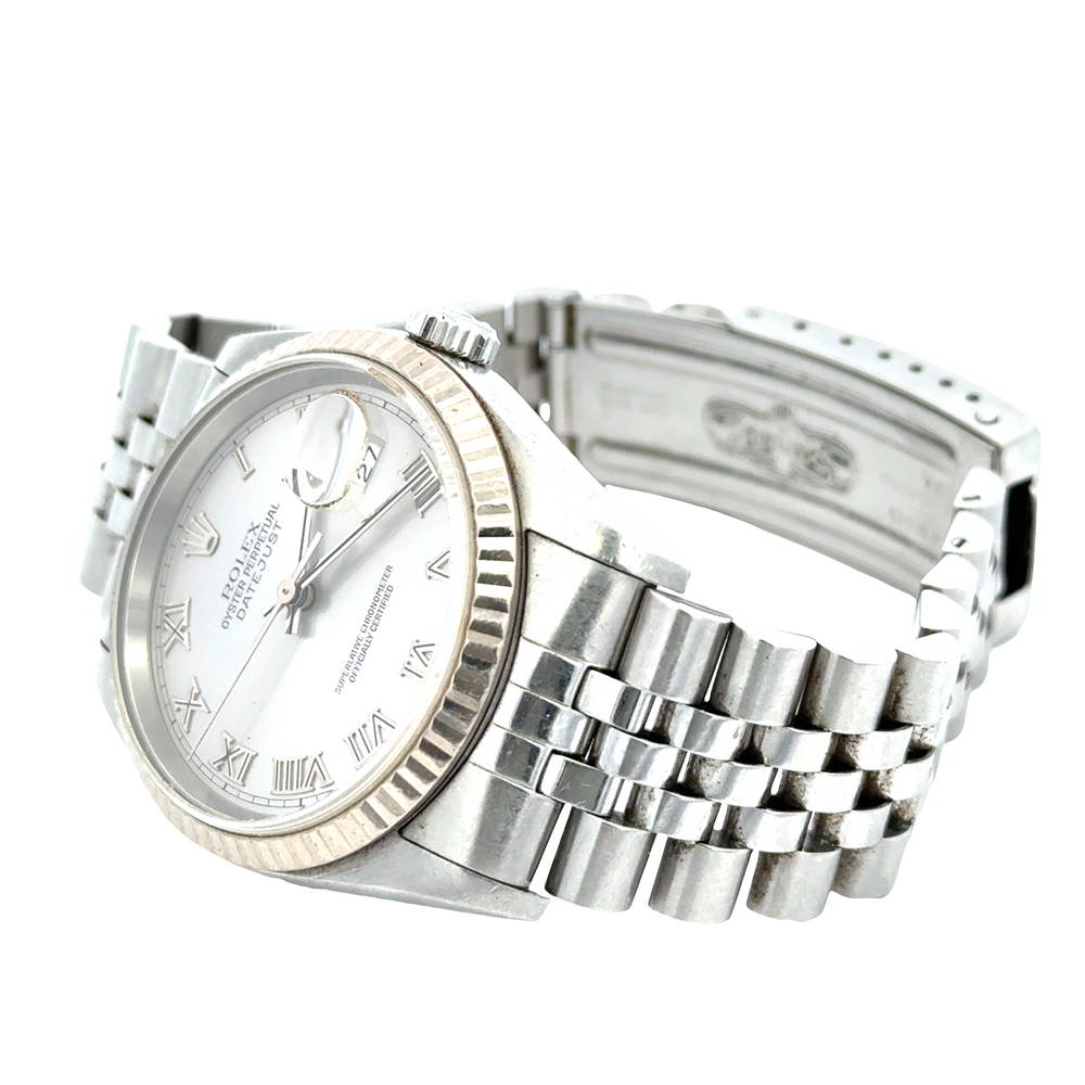 Pre-Owned Rolex Datejust 36 Ref. 16234 Silver Roman Jubilee 18K White Gold Box Papers