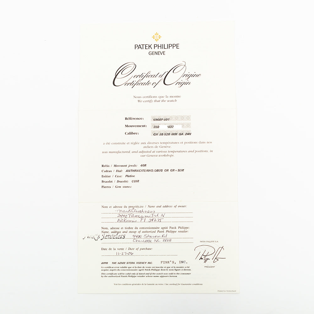 Annual Calendar Chronograph 40mm Self Winding Platinum  5960P-001