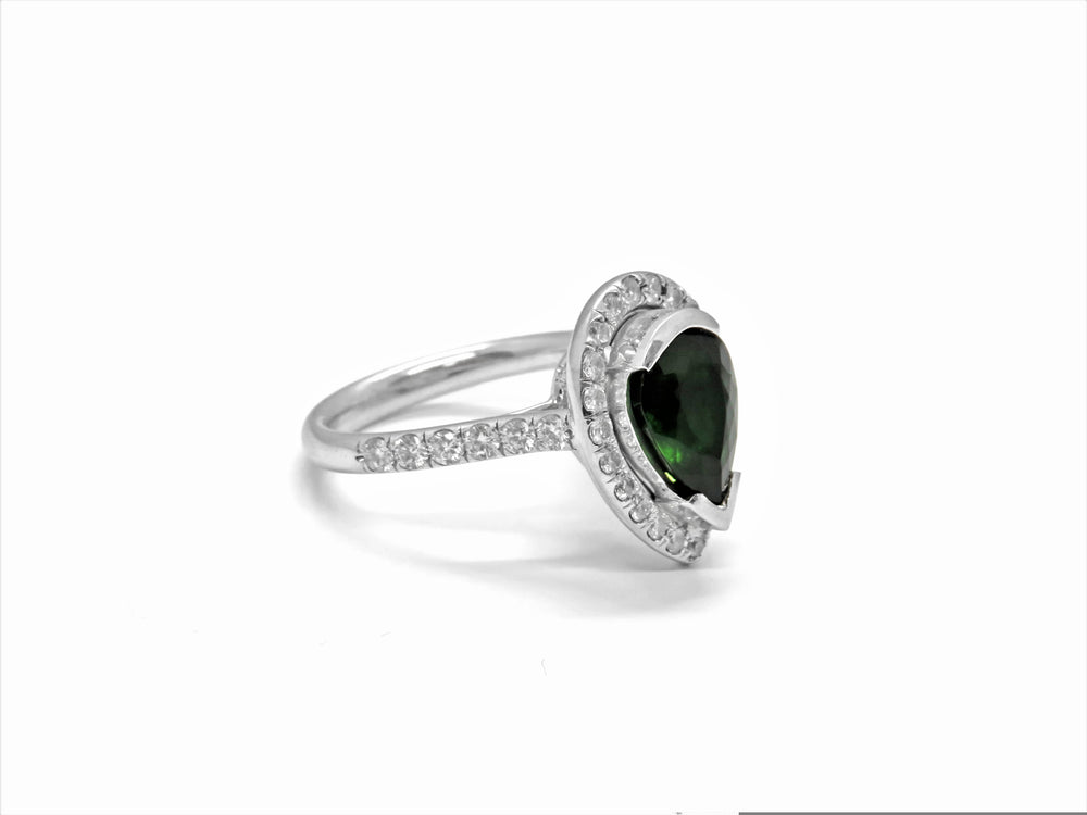 Platinum Tsavorite and Halo Style Diamond Fashion Ring