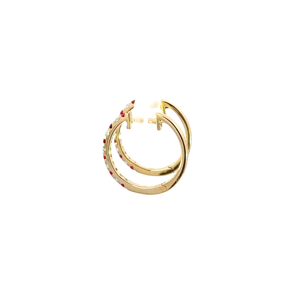 14k Yellow Gold Ruby & Diamond Hoop Earrings