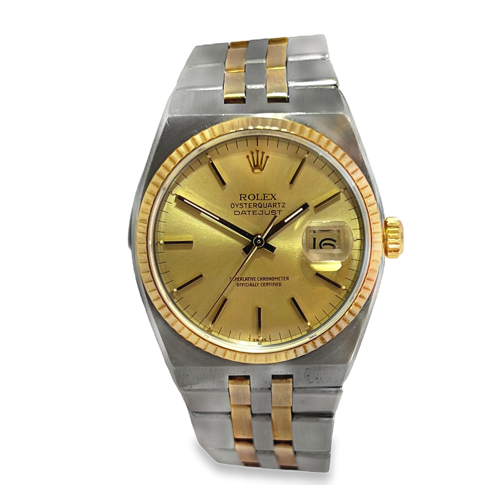 Pre-Owned Rolex Oysterquartz Datejust Ref 17013 Champagne Dial 18K Gold Box Papers 1982