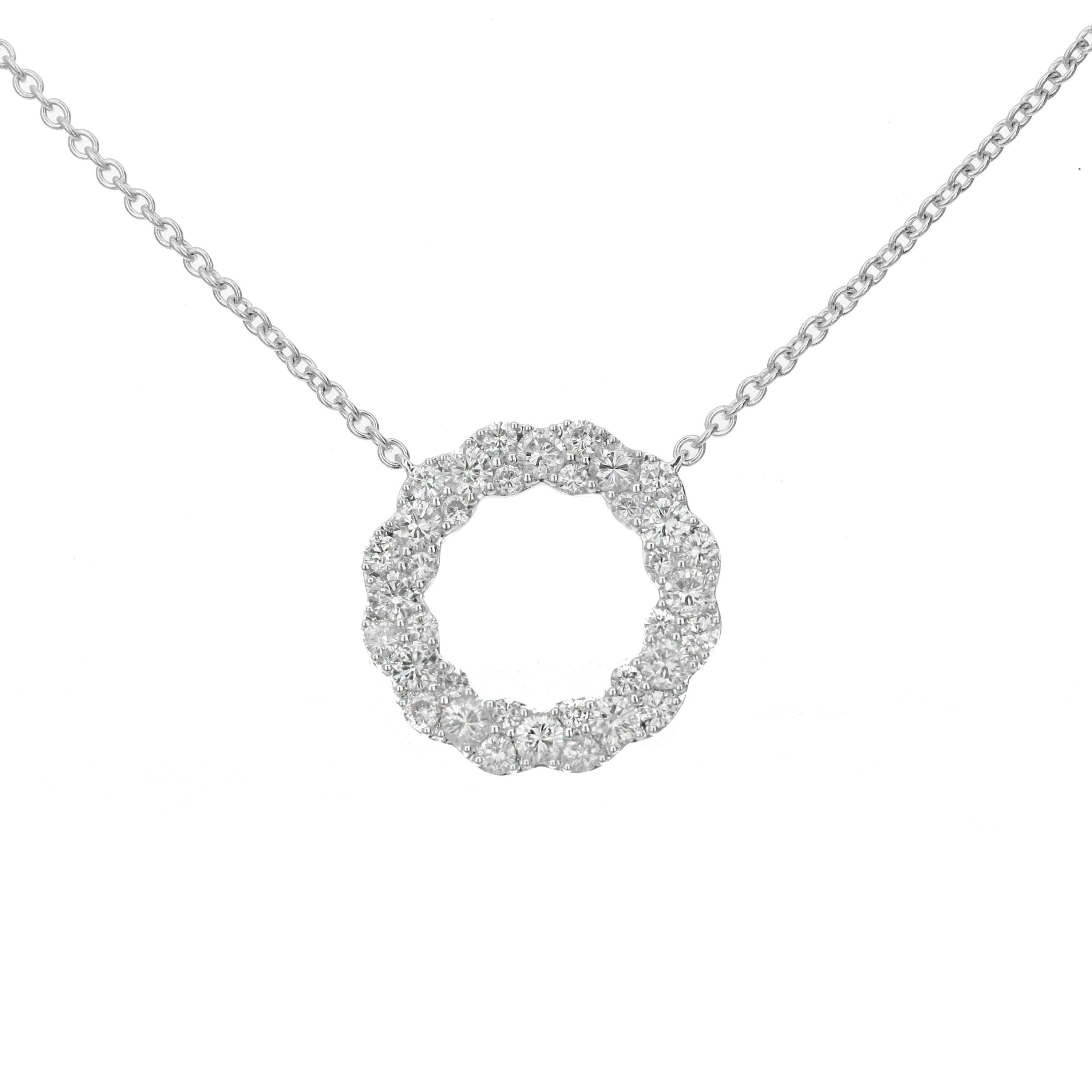 18K White Gold Diamond Circle Pendant Necklace 1.55 Carat Total