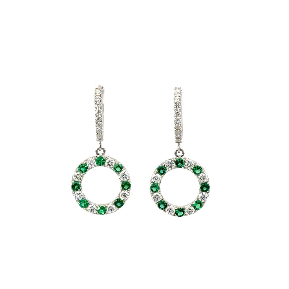18K White Gold Emerald & Diamond Open Circle Dangle Earrings
