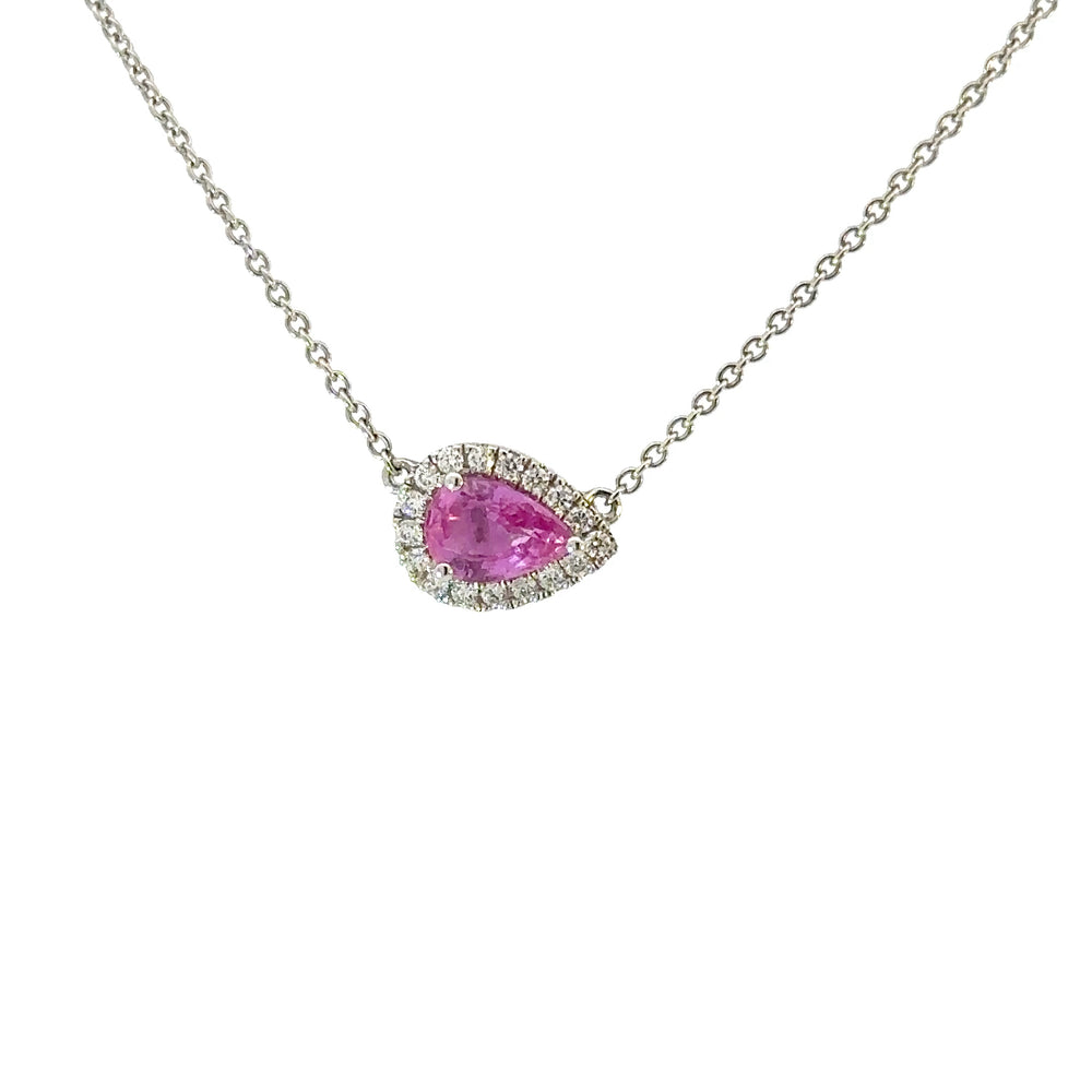 18K White Gold Pink Sapphire Pear Halo Necklace