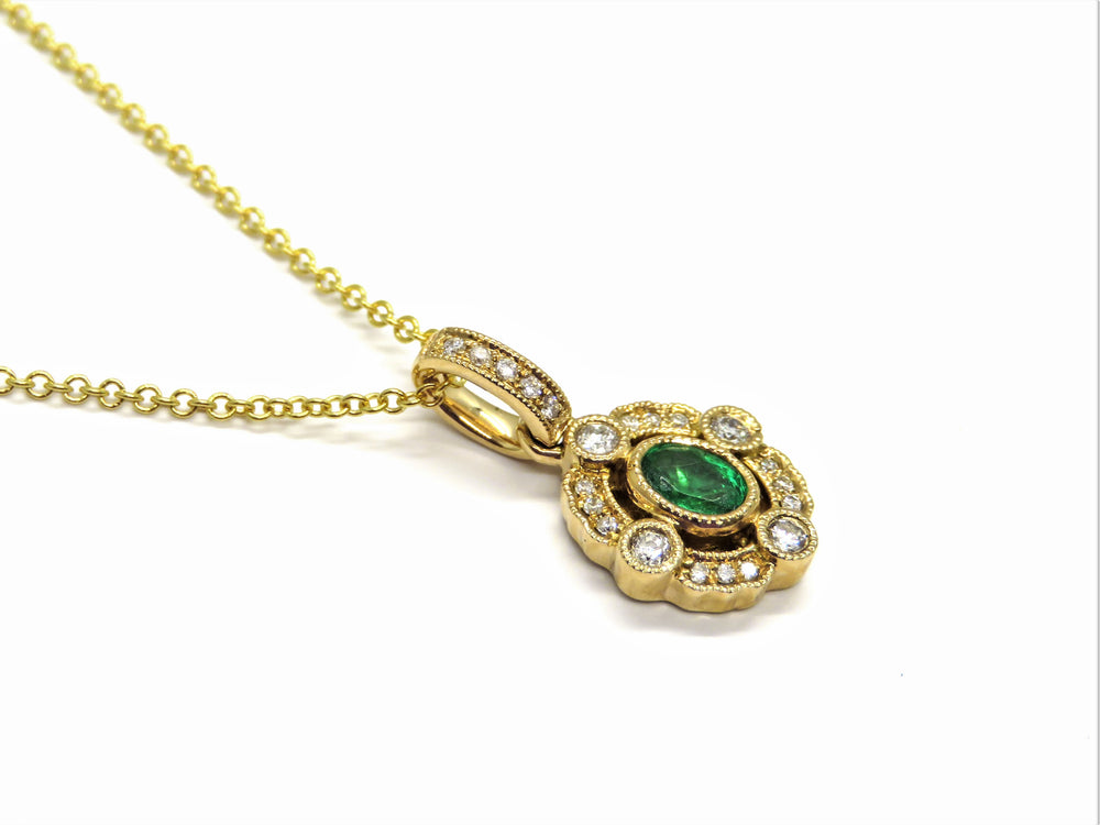 18kt Yellow Gold Nemati Design Emerald and Diamond Vintage Style Pendant