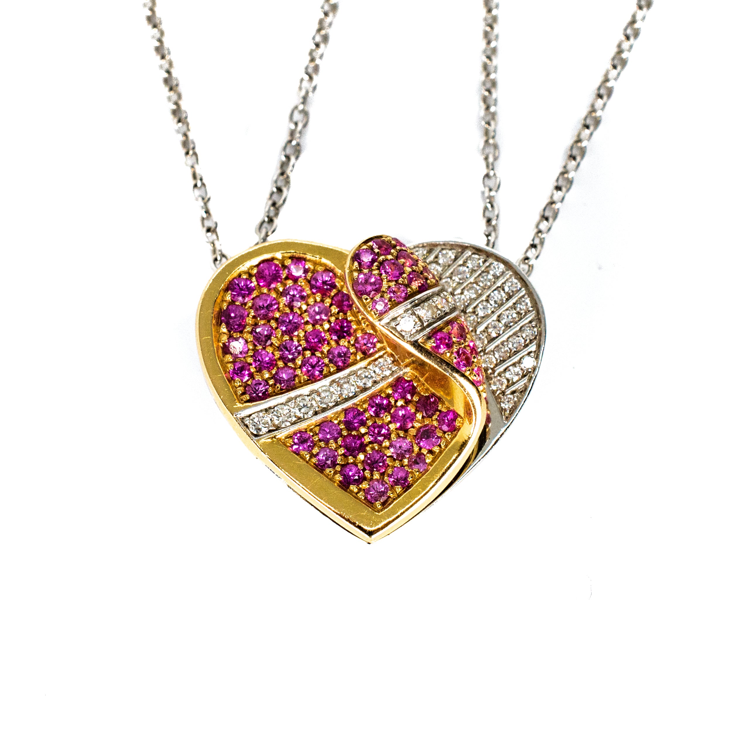 18kt Two Tone Gold Pink Sapphire and Diamond Heart Necklace