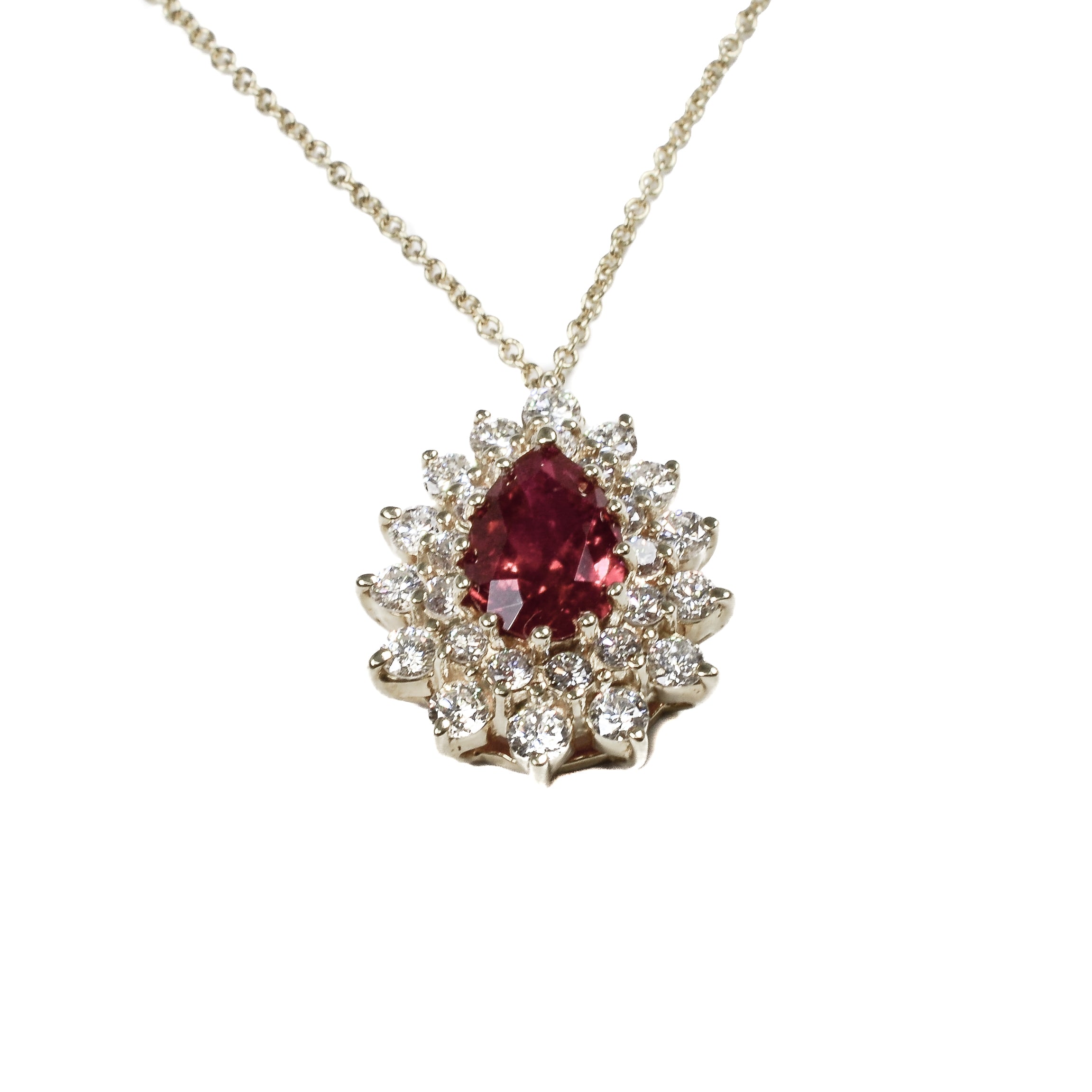 14kt Yellow Gold with Pear Shape Glass Filled Ruby & Double Diamond Halo Necklace