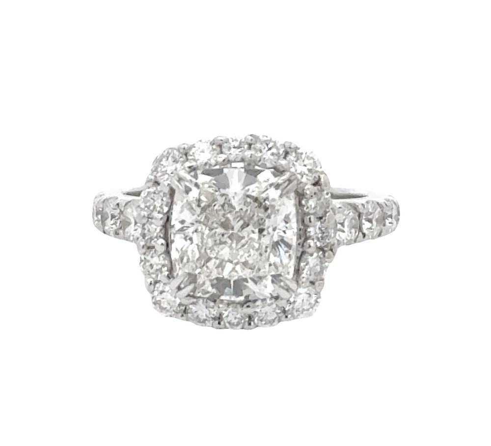 18K White Gold Cushion Diamond Halo Engagement Ring with Side Diamonds