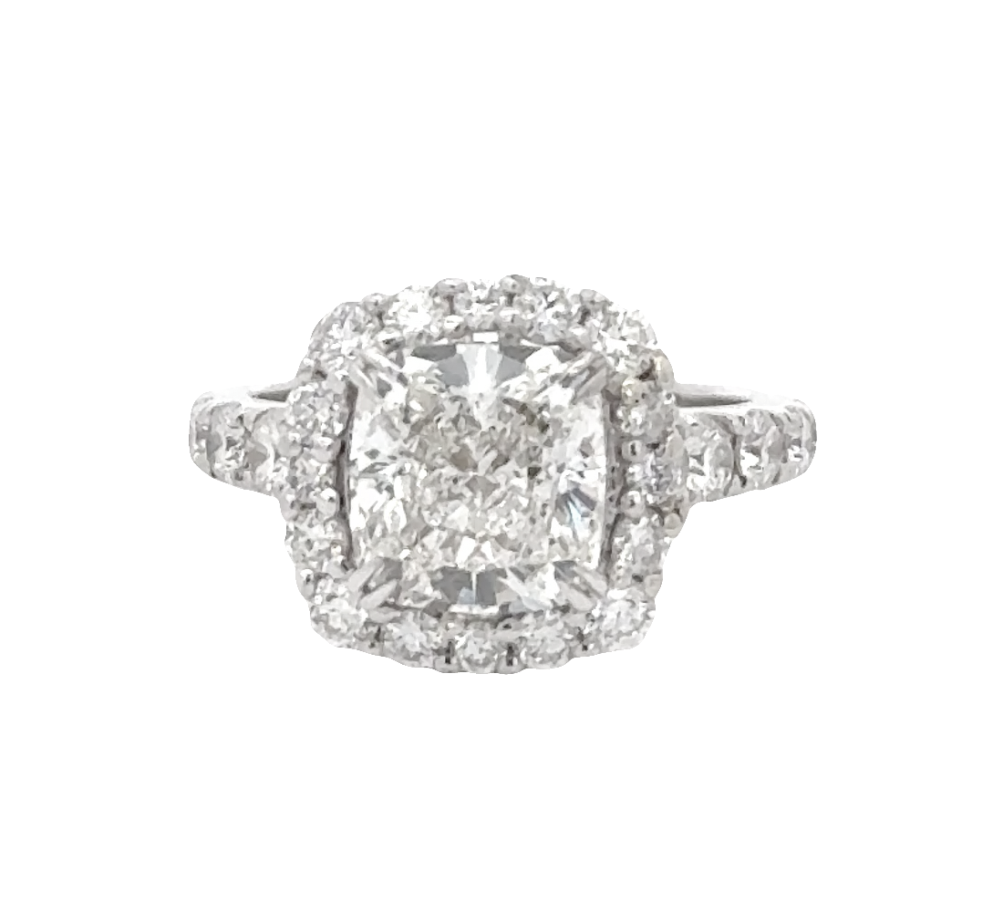 18K White Gold Cushion Diamond Halo Engagement Ring with Side Diamonds