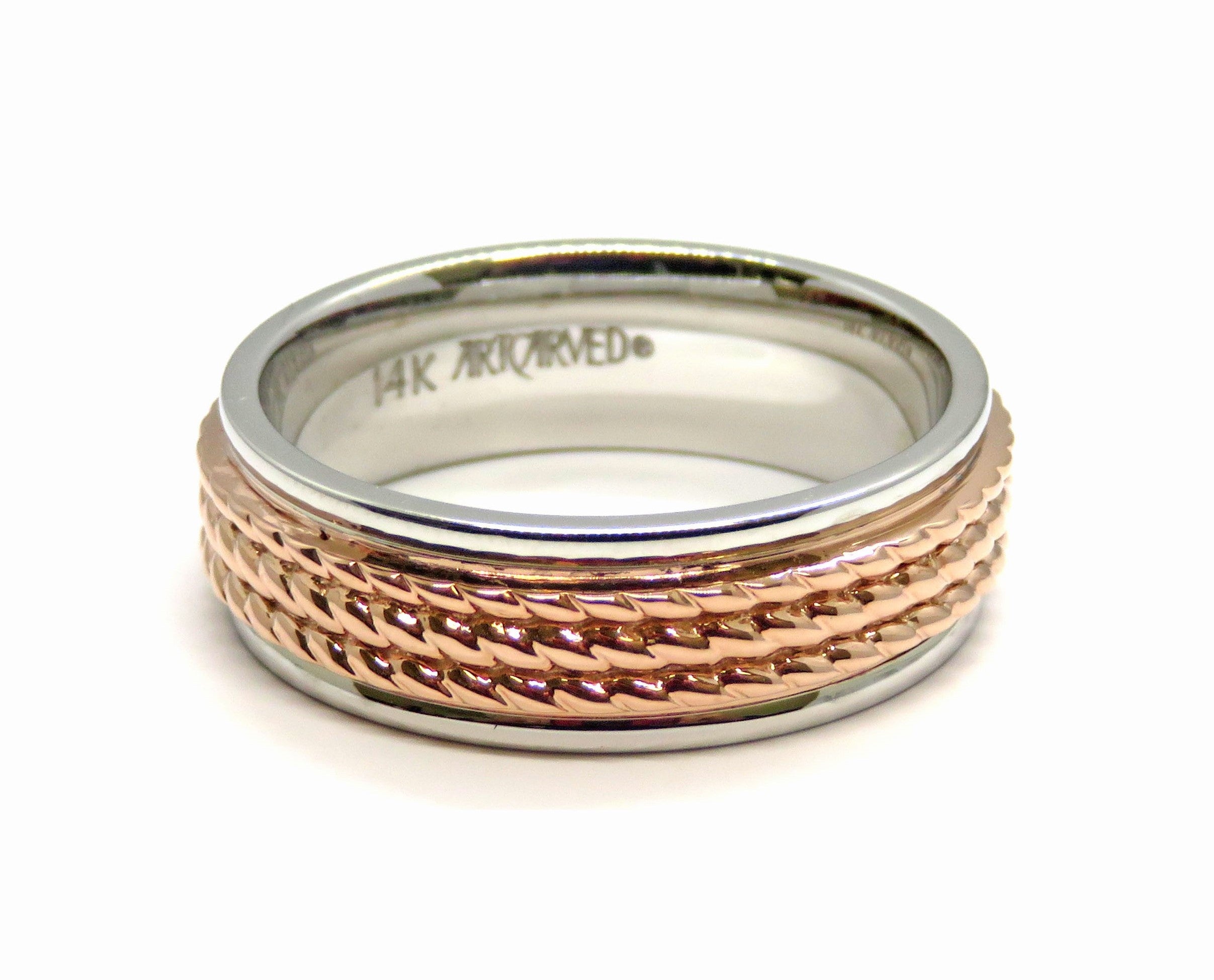 14K Two-Tone White & Rose Gold Wedding Band Ring – Rope Design