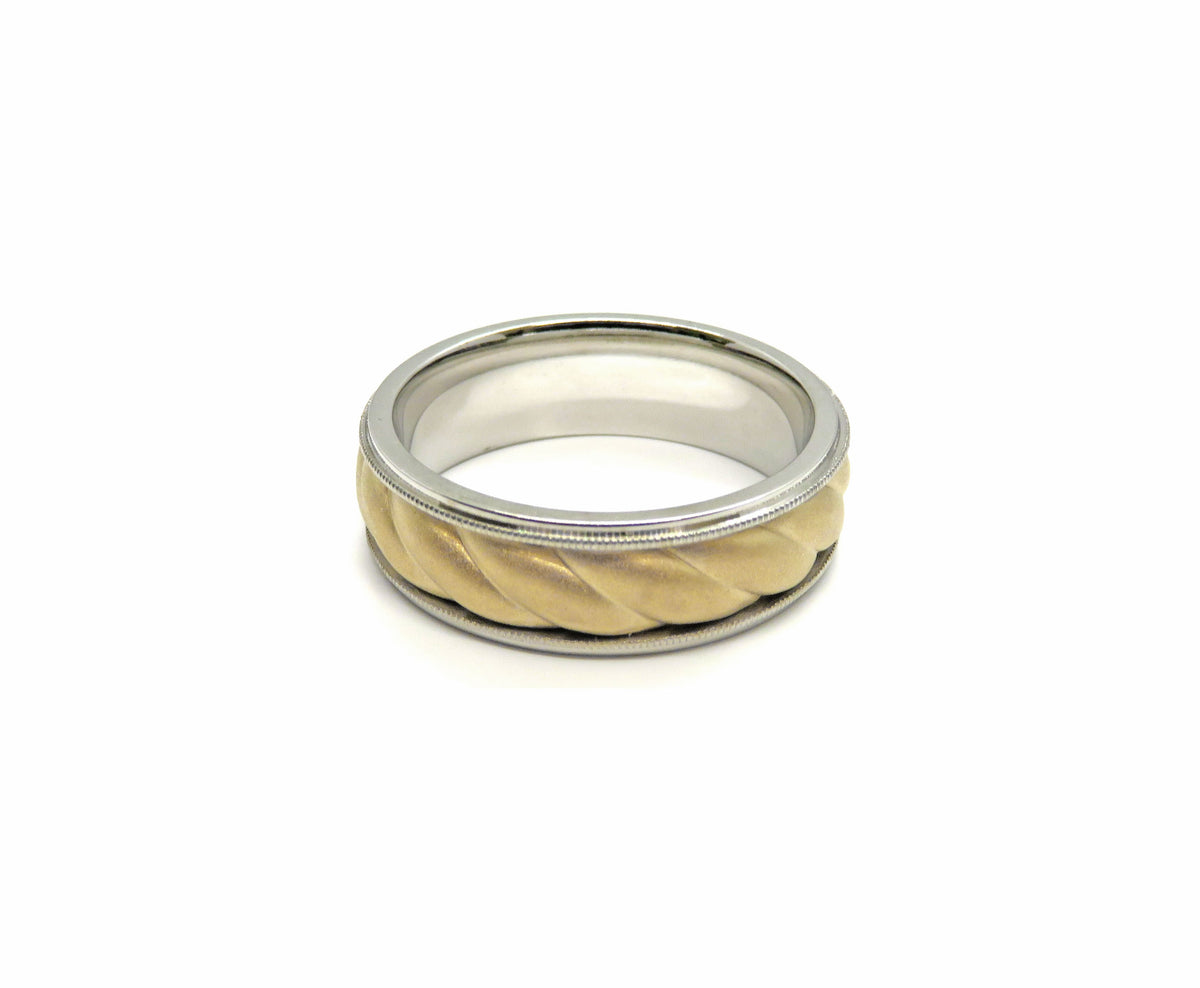 14K Two-Tone White & Yellow Gold ArtCarved Rope Wedding Band Ring
