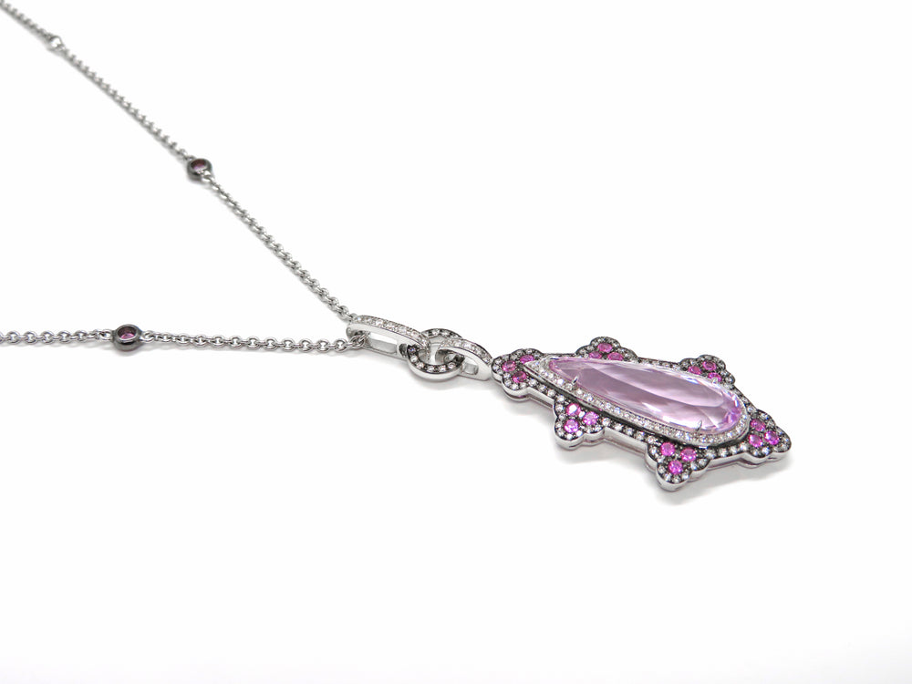 18kt White Gold Pink Sapphire & Kunzite Pendant Necklace