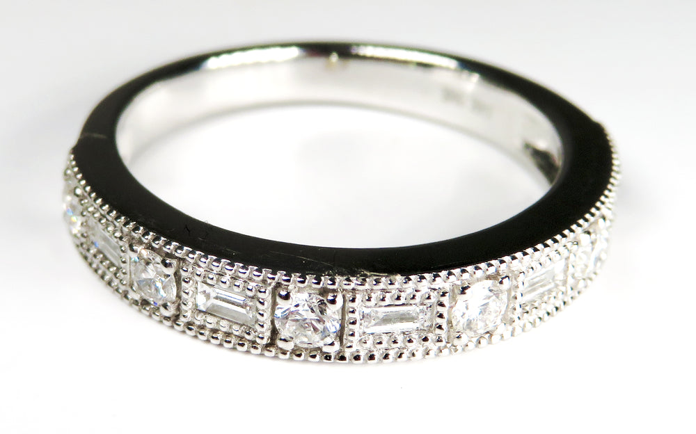 14K White Gold Vintage Style Diamond Band with Baguette & Round Diamonds