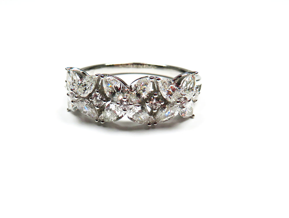 18K White Gold Pear & Round Diamond Three-Flower Ring – 1.20 Carat