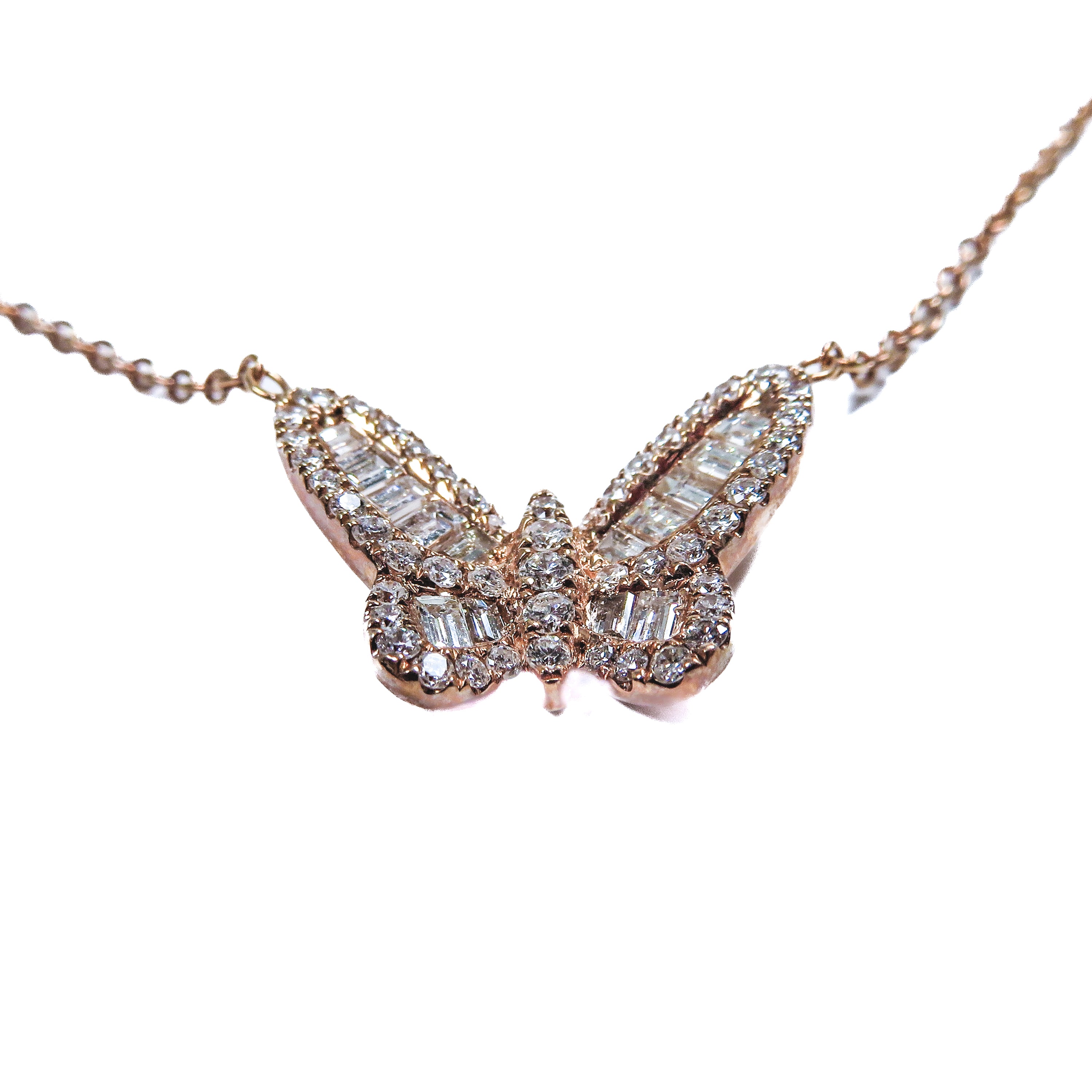 18kt Rose Gold Butterfly with Baguettes and Round Diamonds