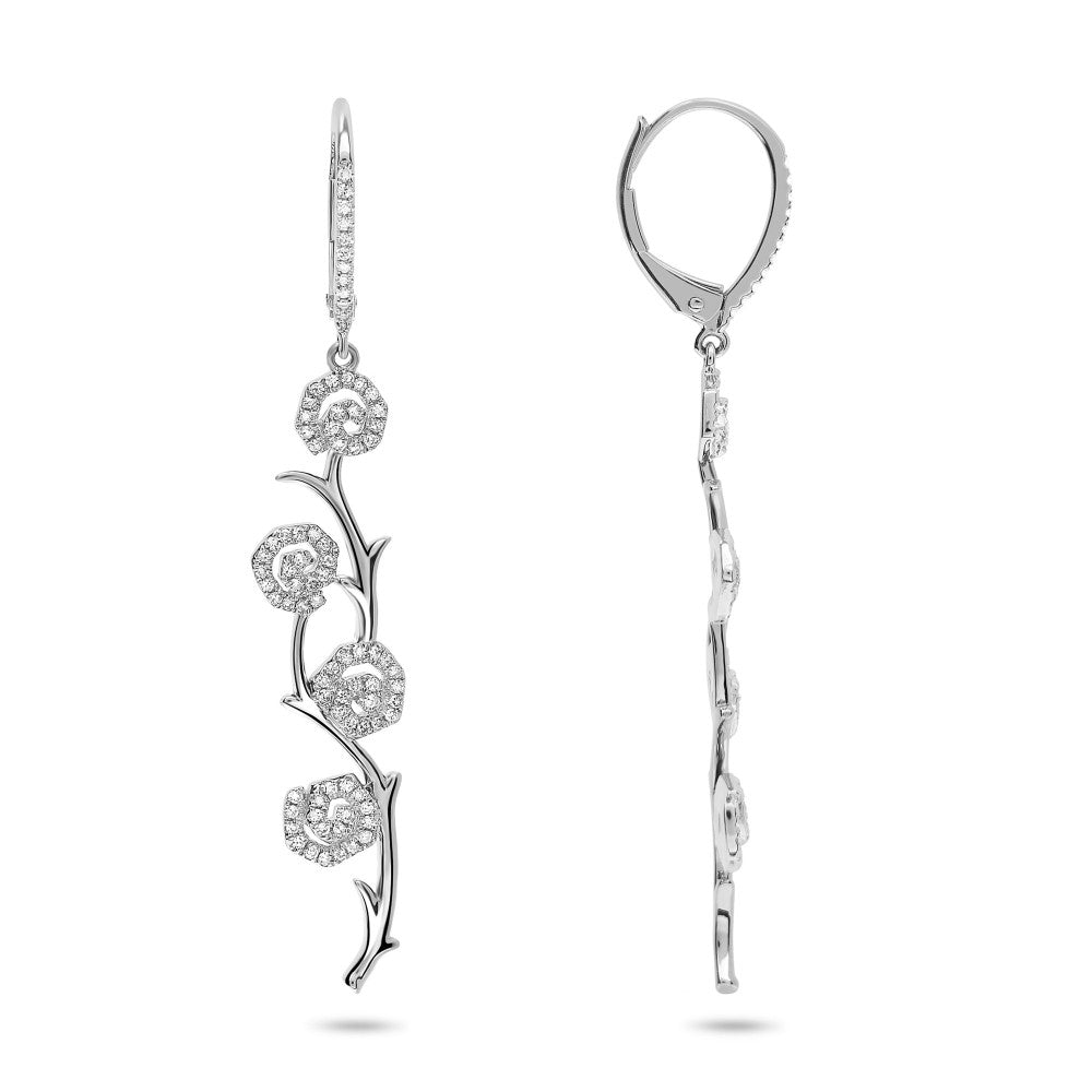 14K White Gold Diamond Flower Dangle Earrings