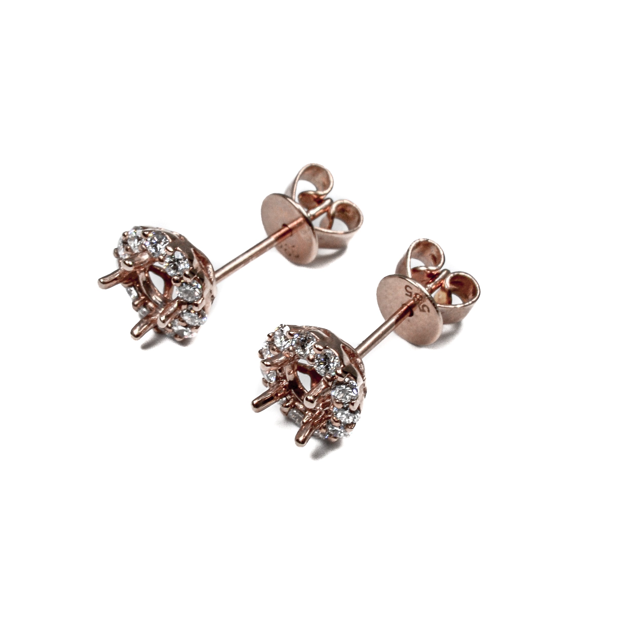 14K Rose Gold Diamond Halo Earrings Semi Mount – Classic Round Design