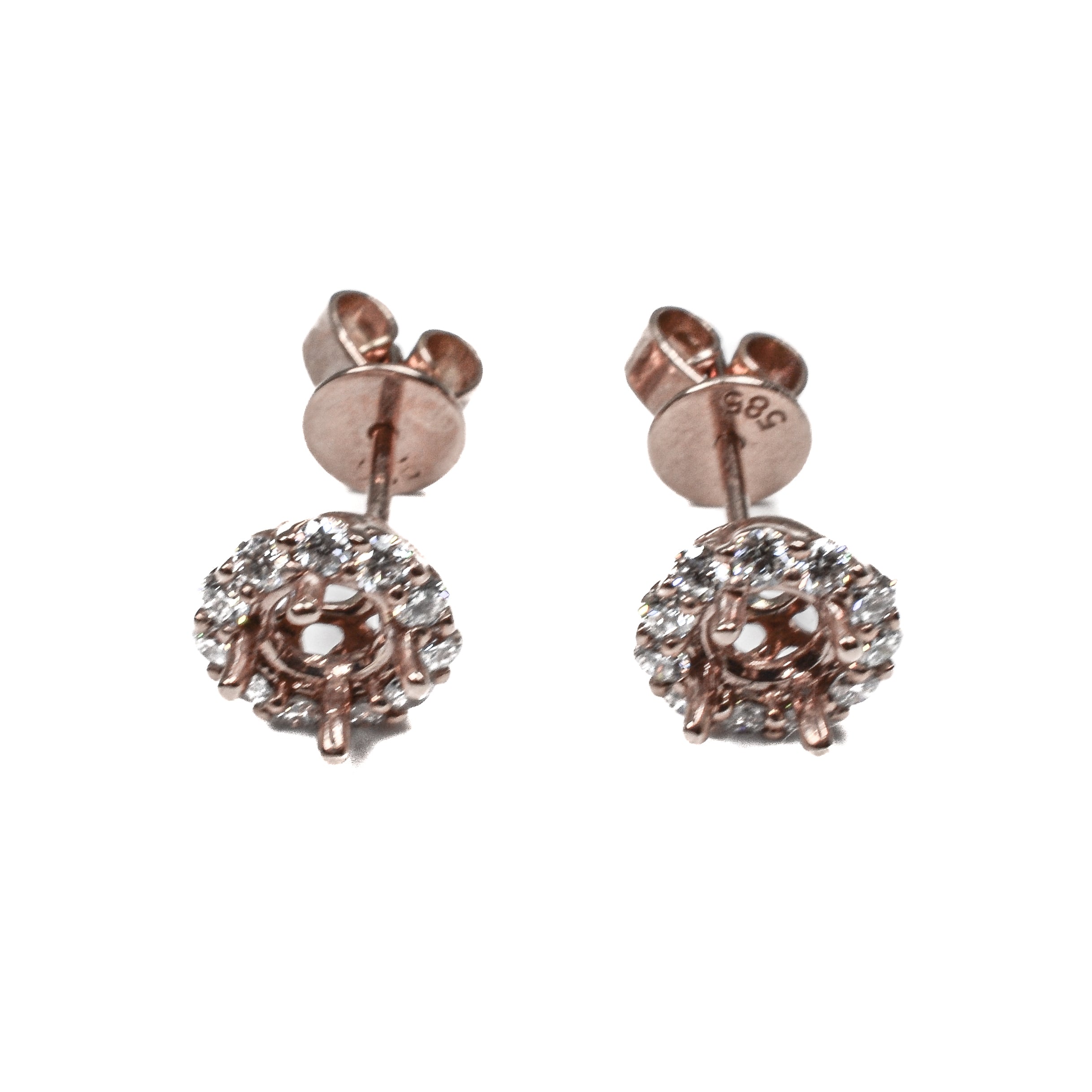 14K Rose Gold Diamond Halo Earrings Semi Mount – Classic Round Design