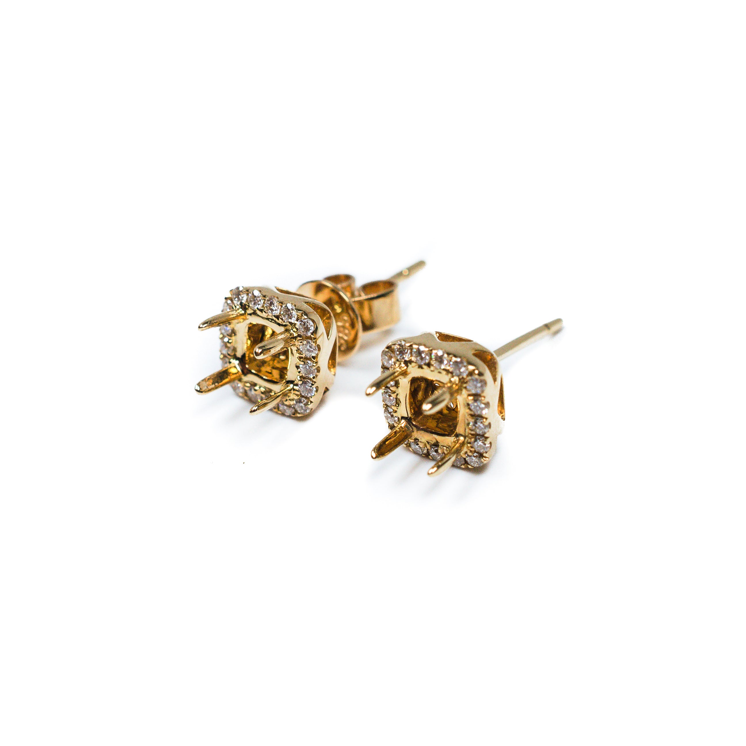 14K Yellow Gold Diamond Halo Earrings Semi Mount – Cushion Halo Setting