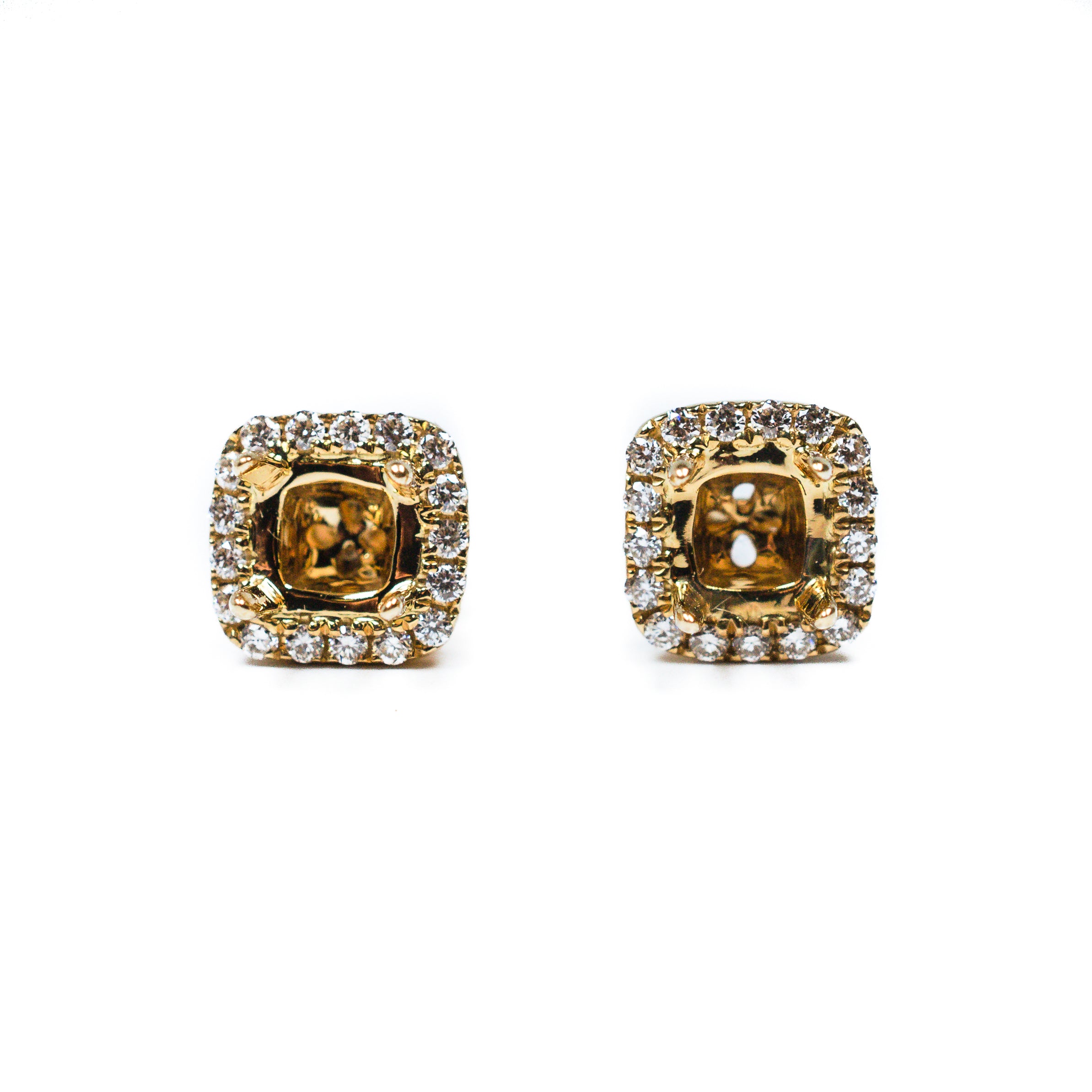 14K Yellow Gold Diamond Halo Earrings Semi Mount – Cushion Halo Setting