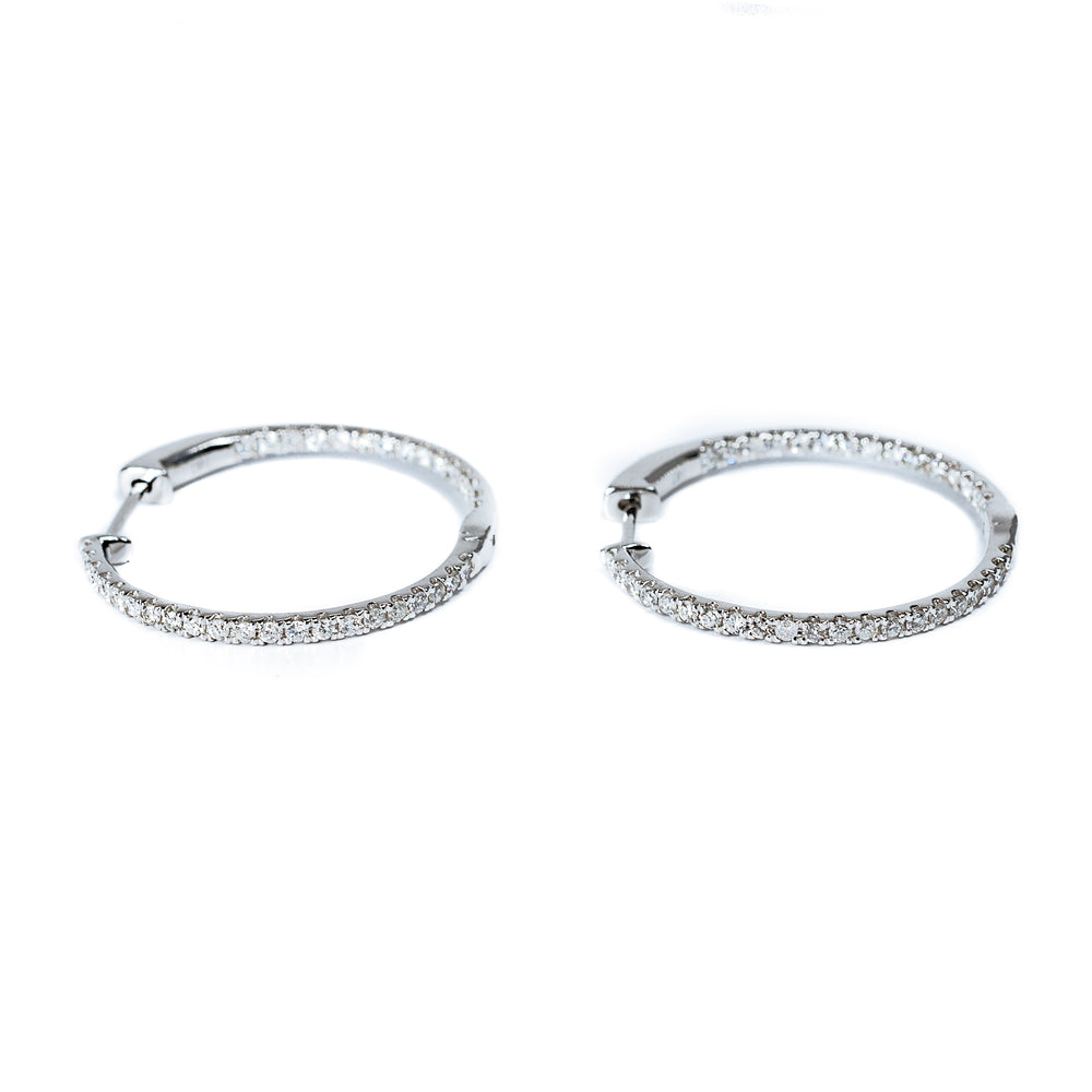 14K White Gold Inside Out Diamond Hoop Earrings 1.00 Carat Total