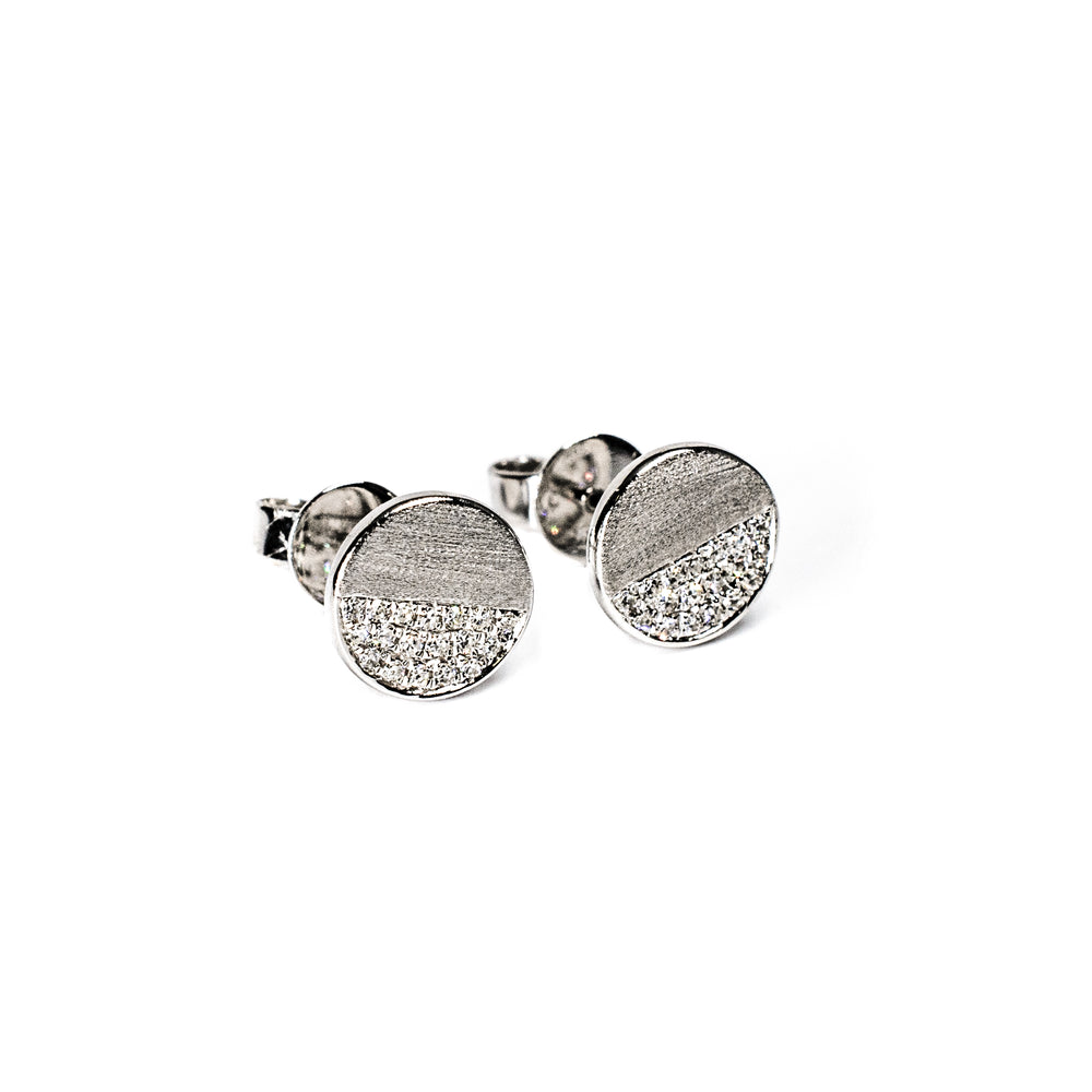 14K White Gold Circle Stud Earrings Half Pavé Diamond Design