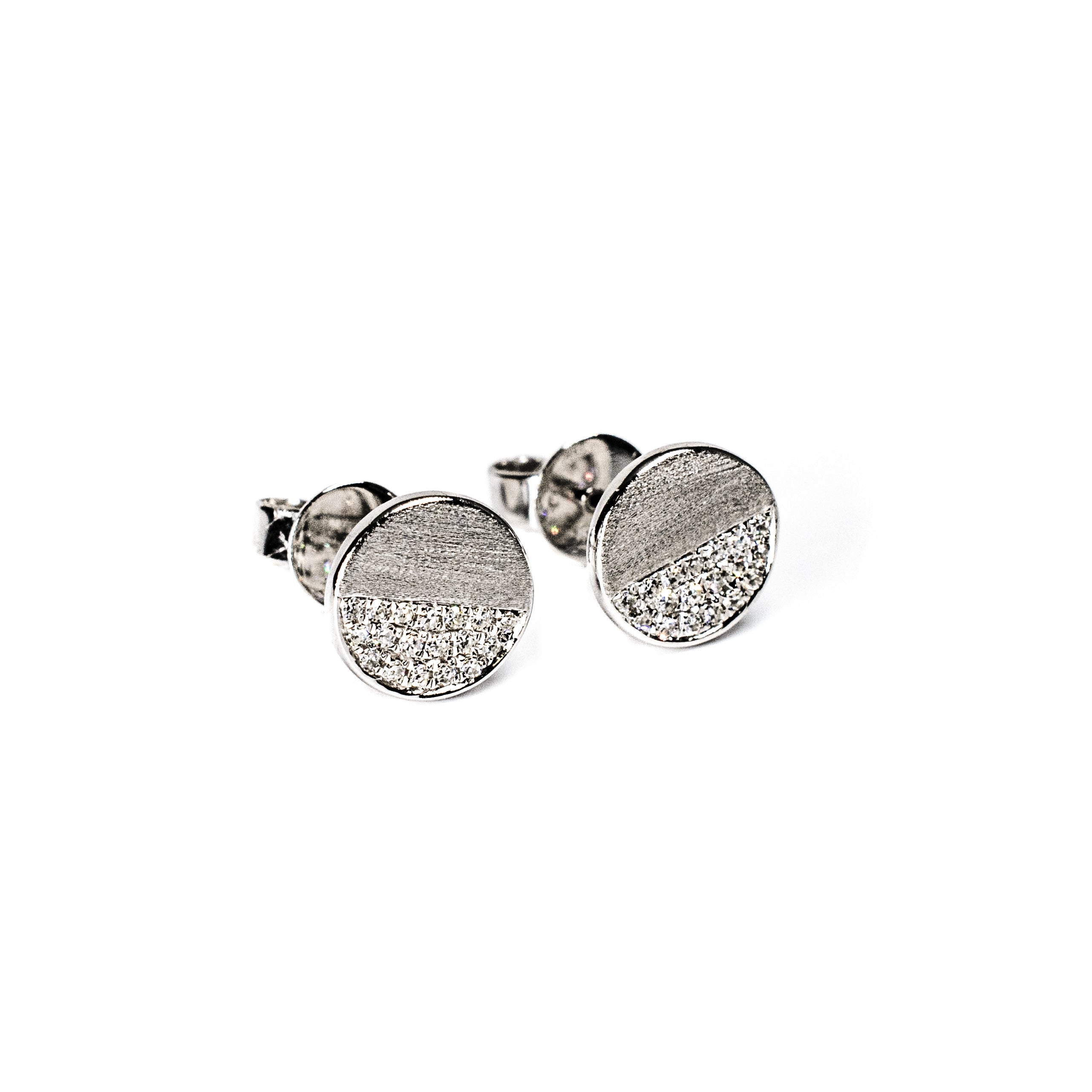 14K White Gold Circle Stud Earrings Half Pavé Diamond Design
