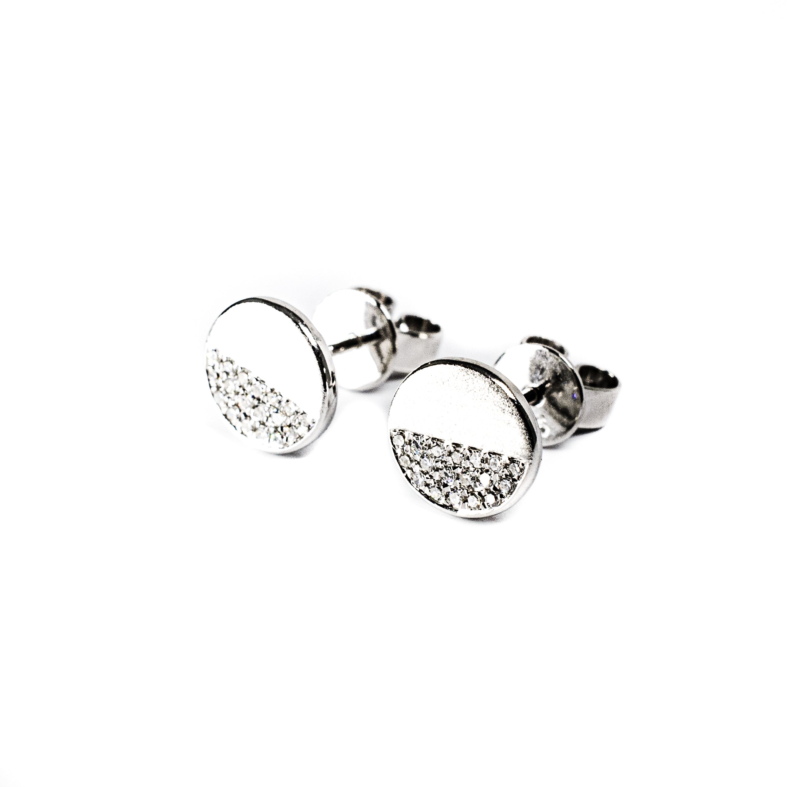 14K White Gold Circle Stud Earrings Half Pavé Diamond Design
