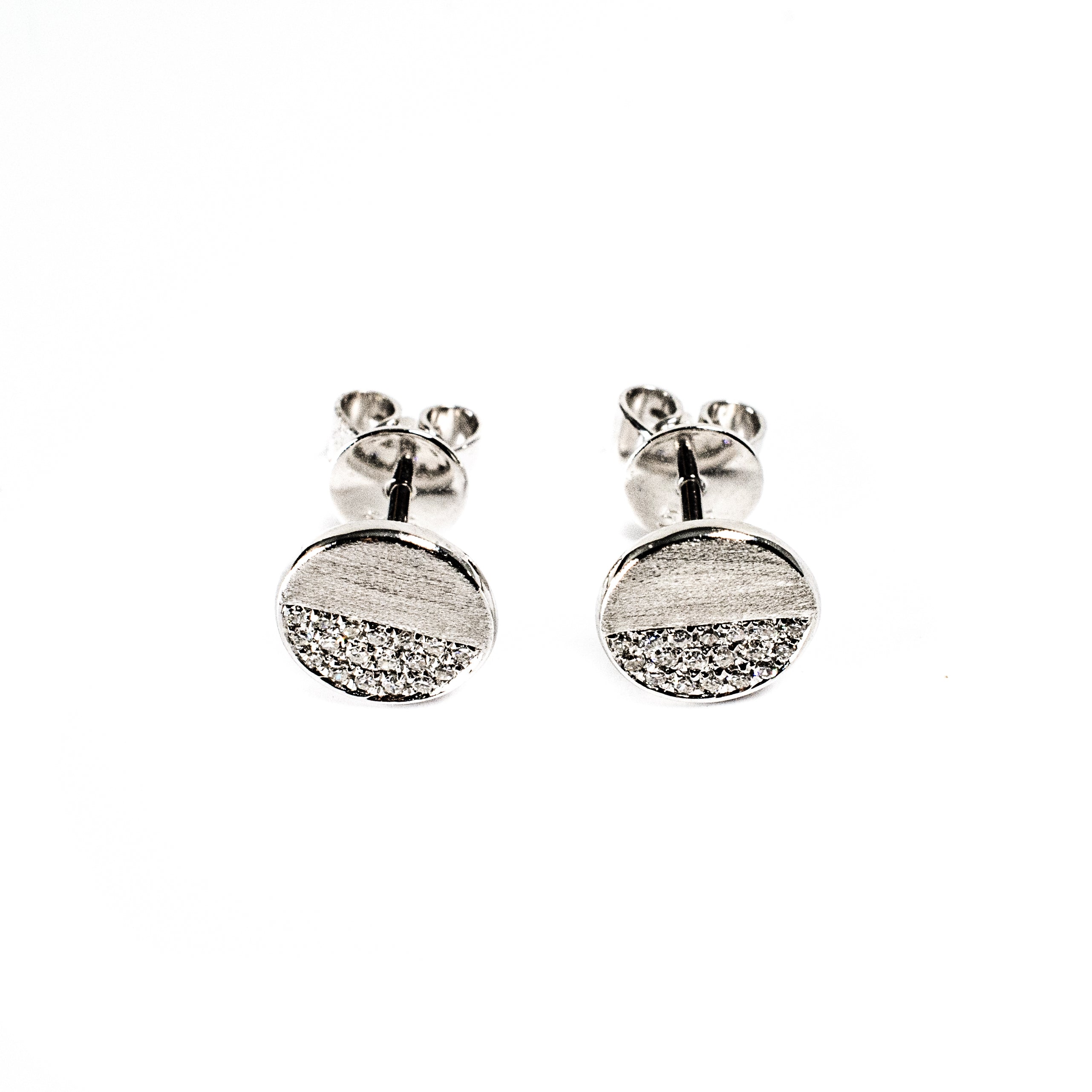 14K White Gold Circle Stud Earrings Half Pavé Diamond Design