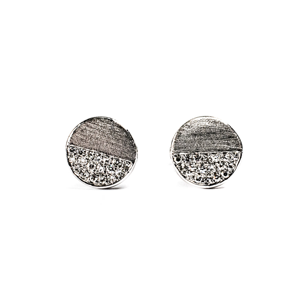 14K White Gold Circle Stud Earrings Half Pavé Diamond Design