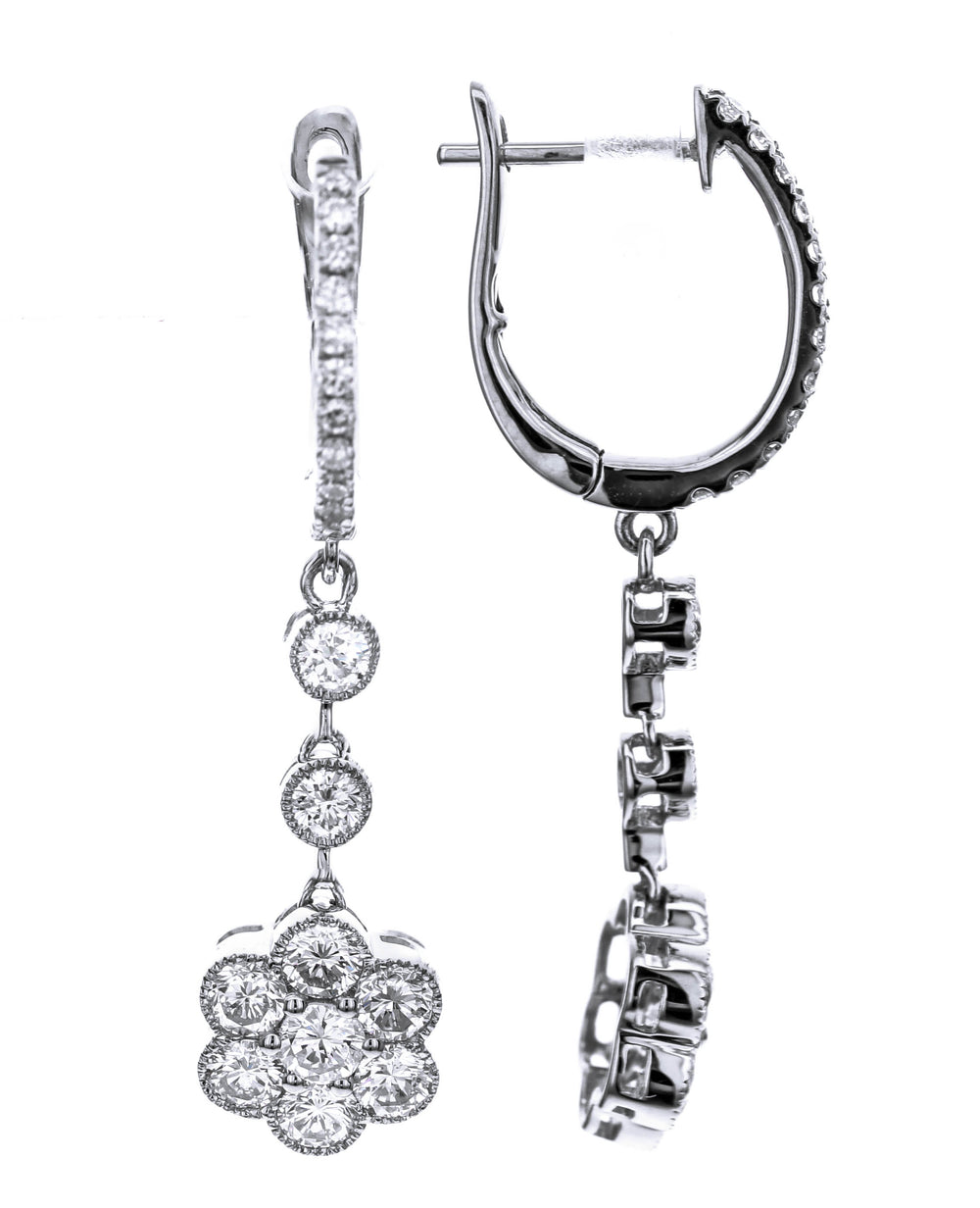 18K White Gold Diamond Huggie Flower Drop Earrings – 1.75 Carat