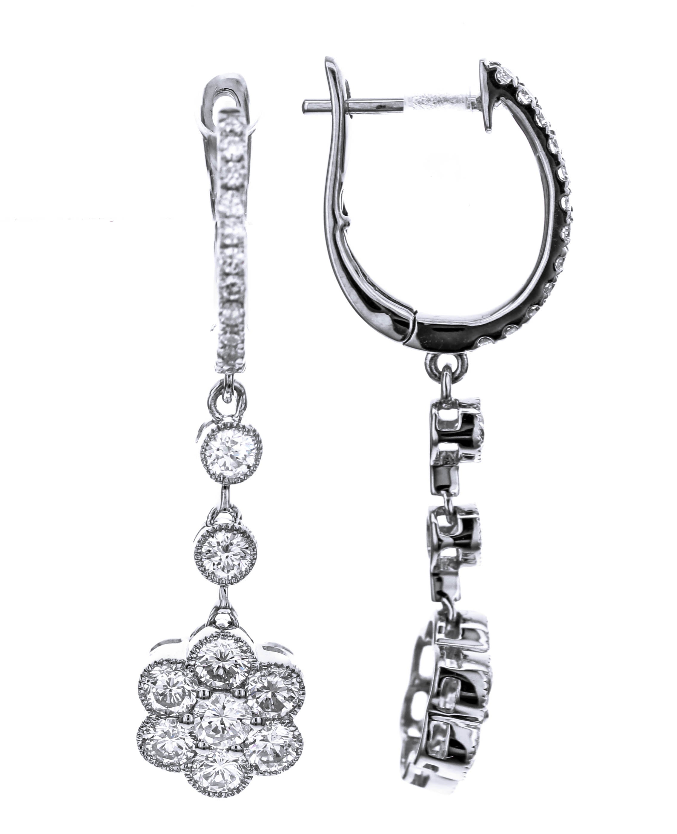 18K White Gold Diamond Huggie Flower Drop Earrings – 1.75 Carat