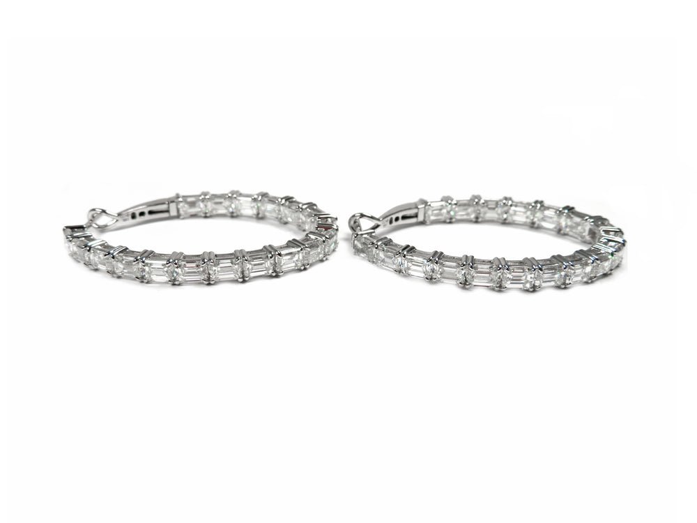 18K White Gold Oval In/Out Diamond Hoops Emerald Cut 9.53 Carat