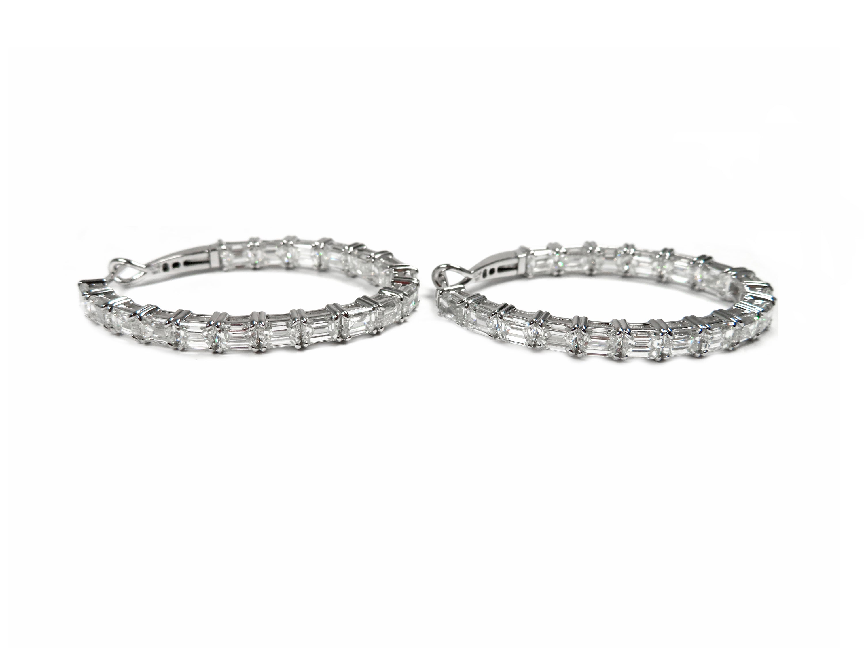 18K White Gold Oval In/Out Diamond Hoops Emerald Cut 9.53 Carat