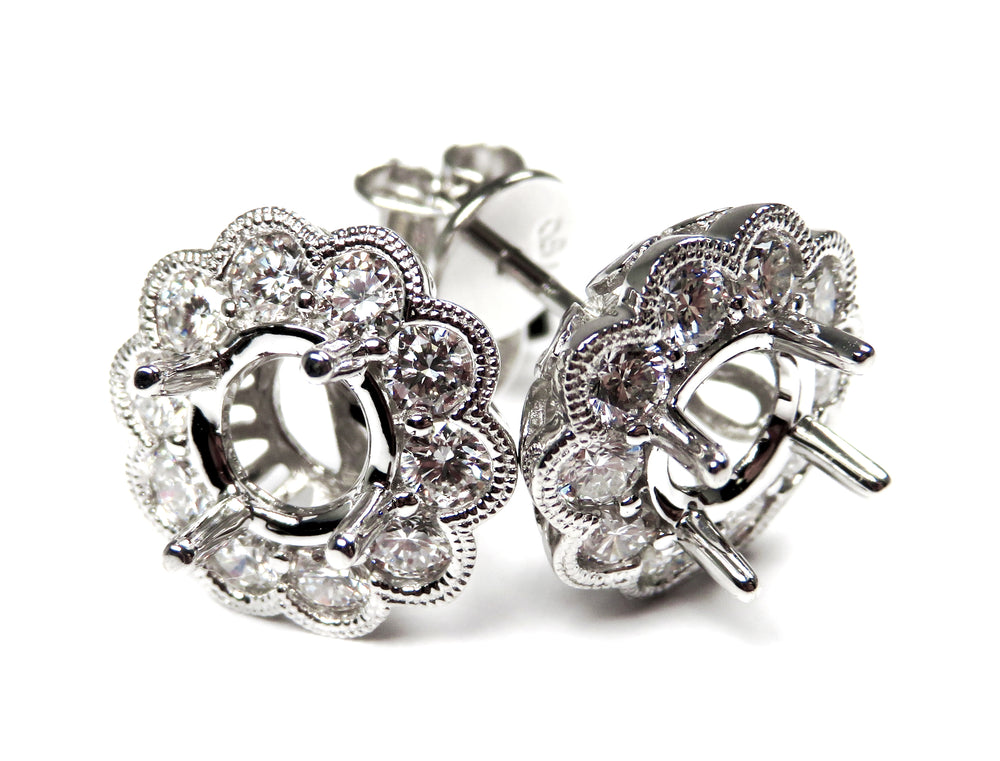 18K White Gold Diamond Halo Earrings Semi Mount 1.00 Carat Vintage Style