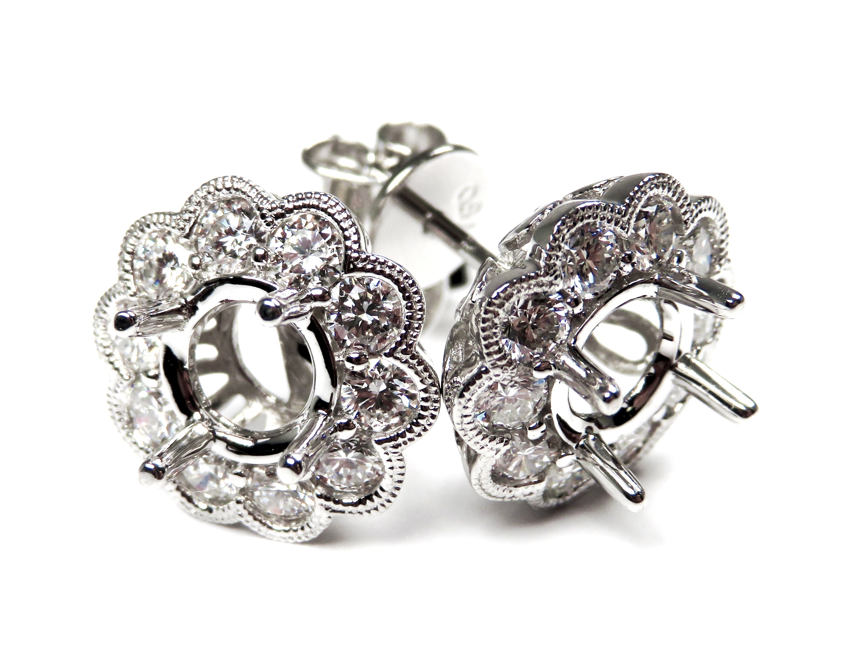 18K White Gold Diamond Halo Earrings Semi Mount 1.00 Carat Vintage Style