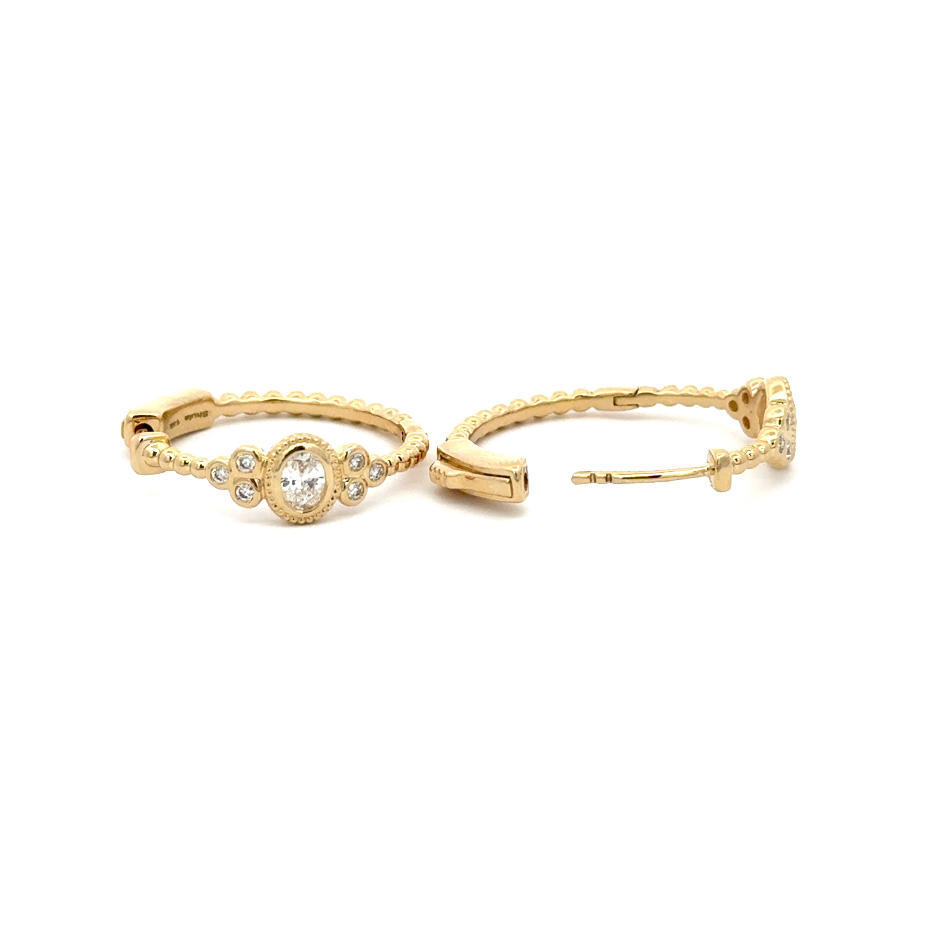 14K Yellow Gold Beaded Diamond Hoop Earrings
