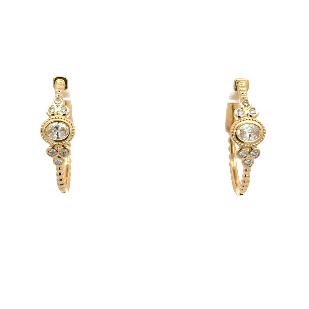 14K Yellow Gold Beaded Diamond Hoop Earrings