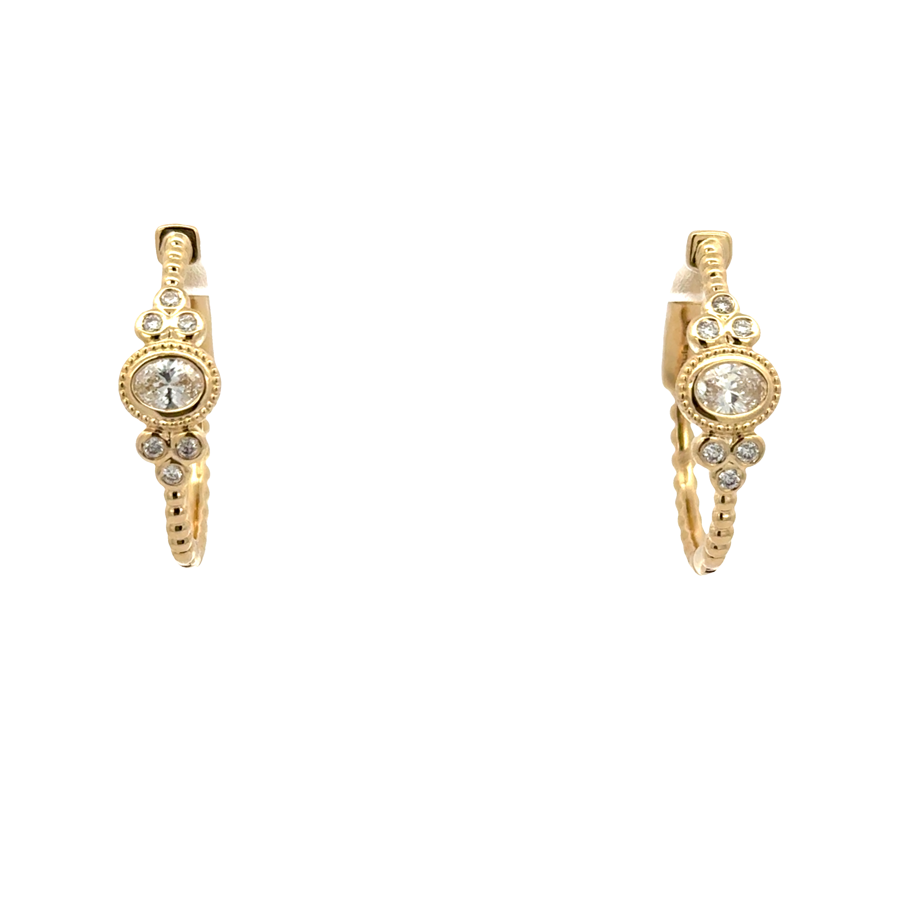 14K Yellow Gold Beaded Diamond Hoop Earrings