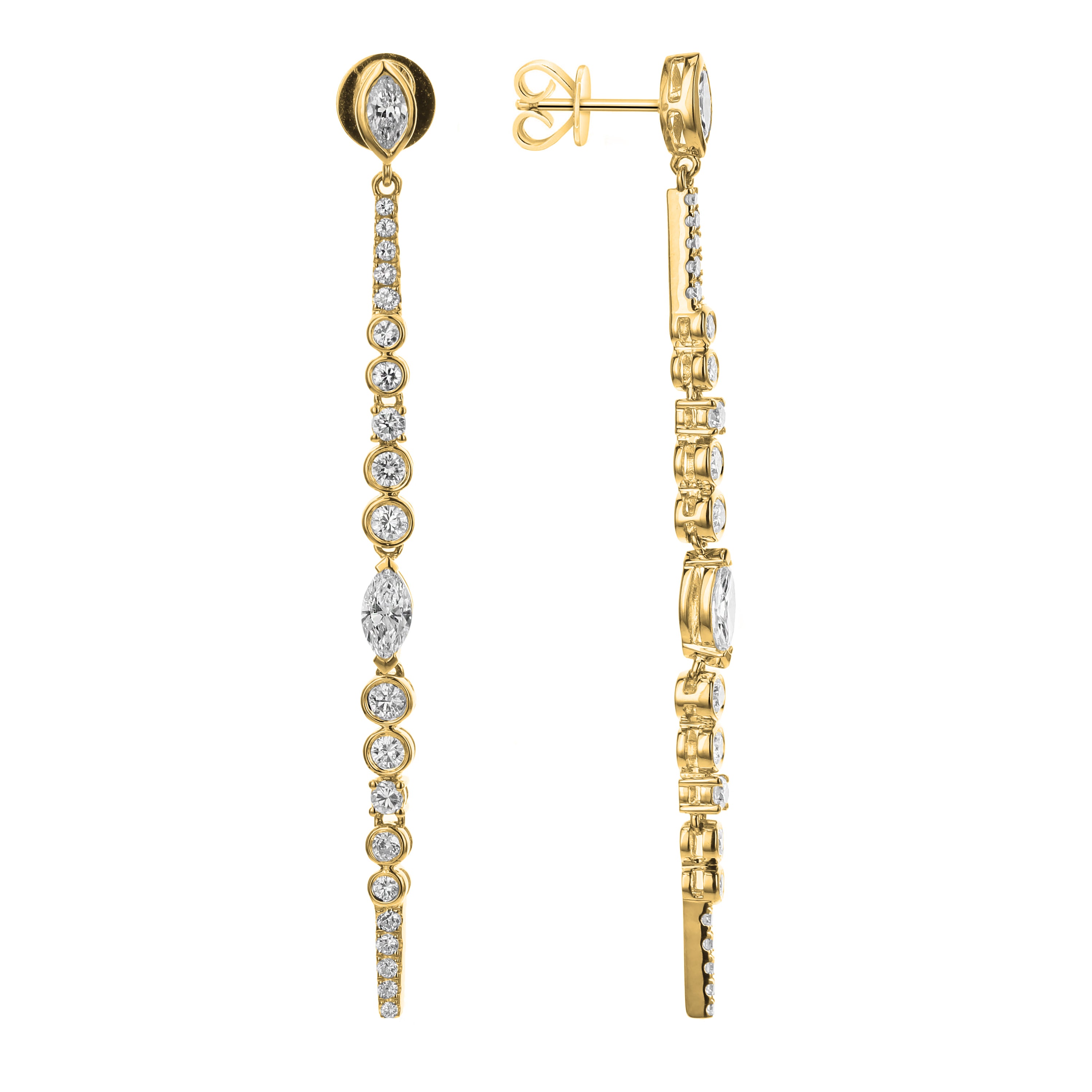 18K Yellow Gold Marquise & Round Diamond Drop Earrings