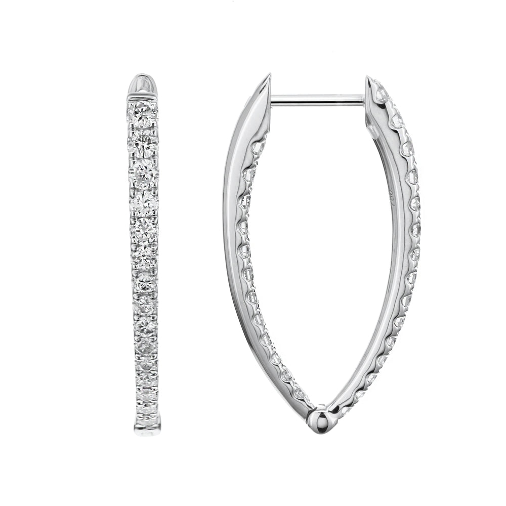 18K White Gold Pointed Oval Inside-Out Diamond Hoop Earrings – 1.10 CTW
