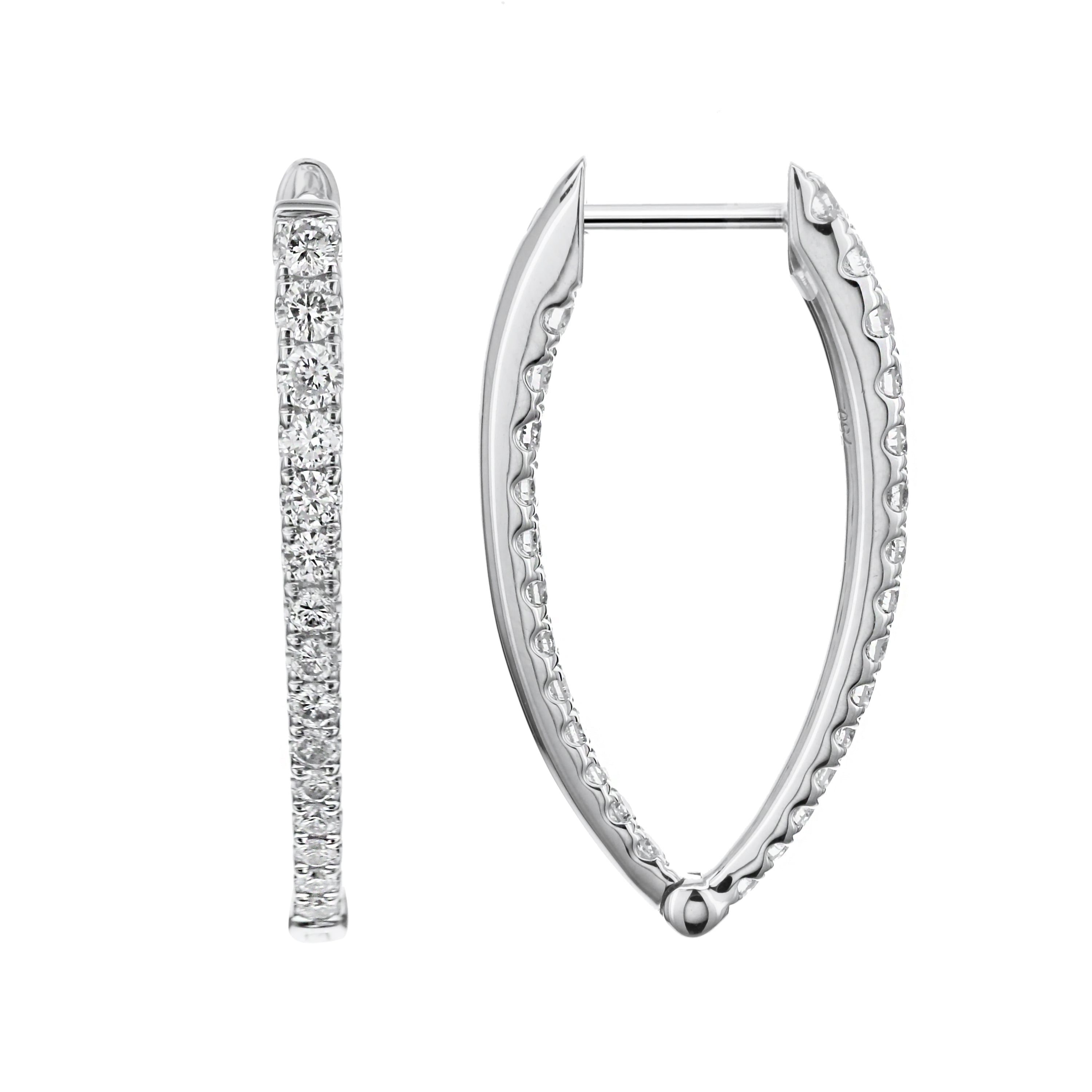 18K White Gold Pointed Oval Inside-Out Diamond Hoop Earrings – 1.10 CTW