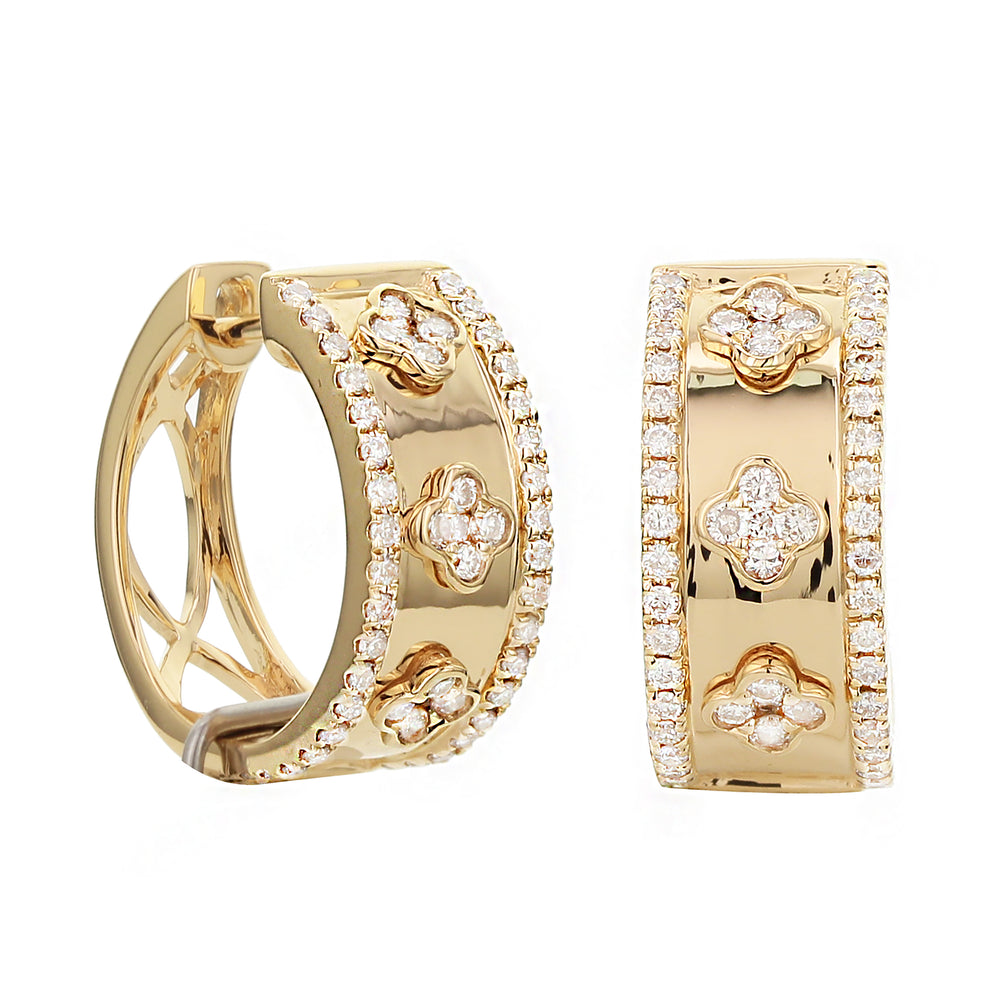 18K Yellow Gold Diamond Clover Motif Huggie Hoop Earrings – 0.60 CTW