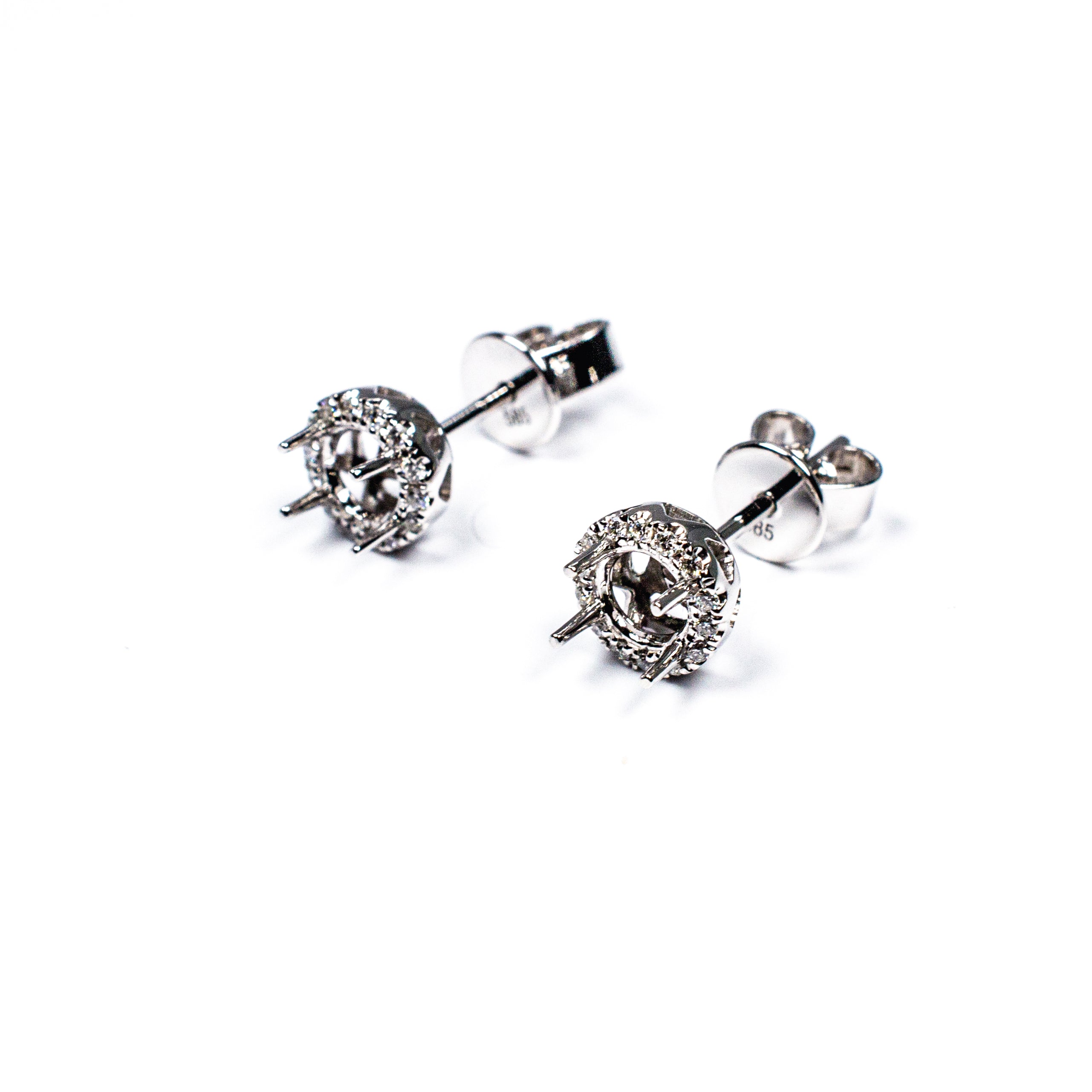 14K White Gold Diamond Halo Semi-Mount Stud Earrings
