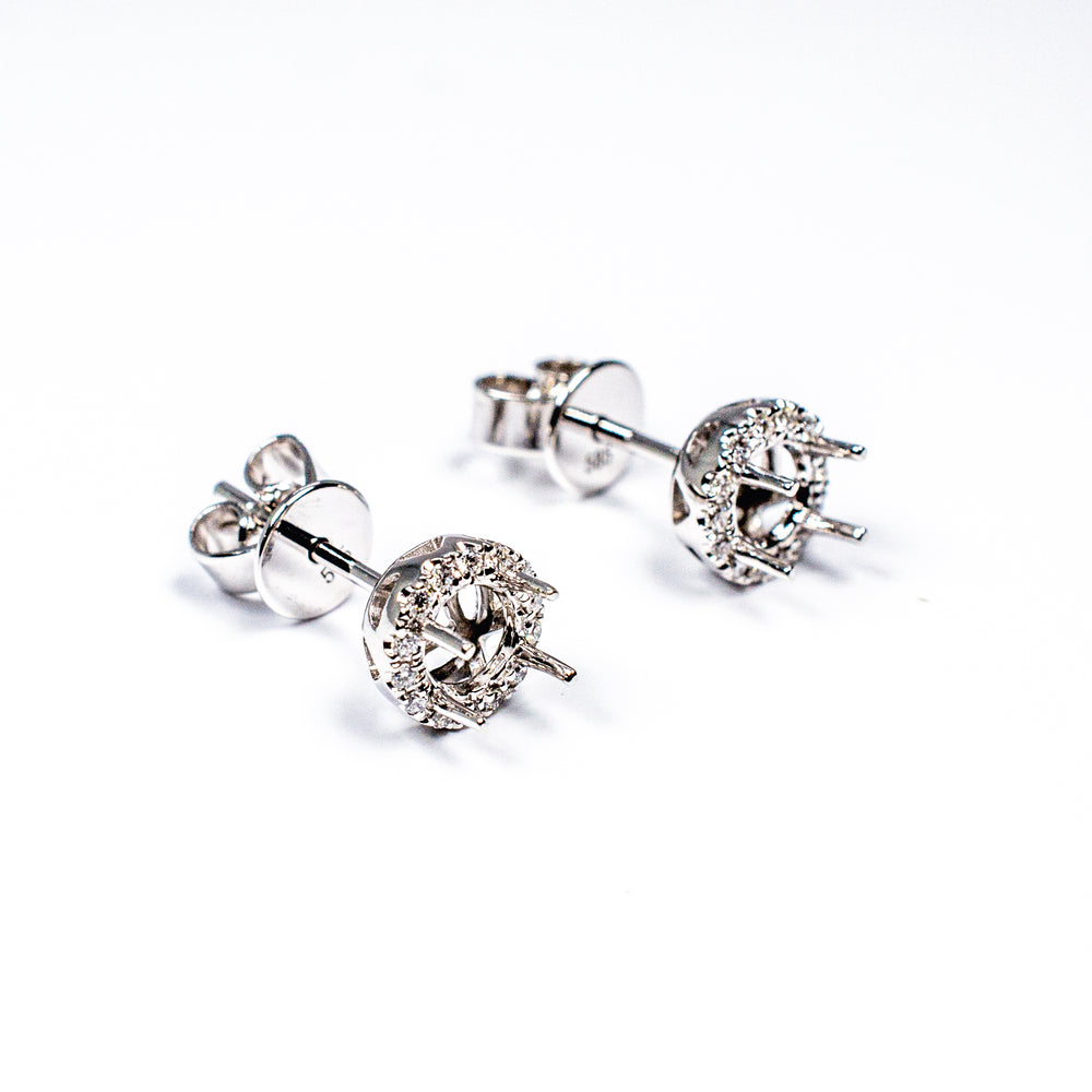 14K White Gold Diamond Halo Semi-Mount Stud Earrings